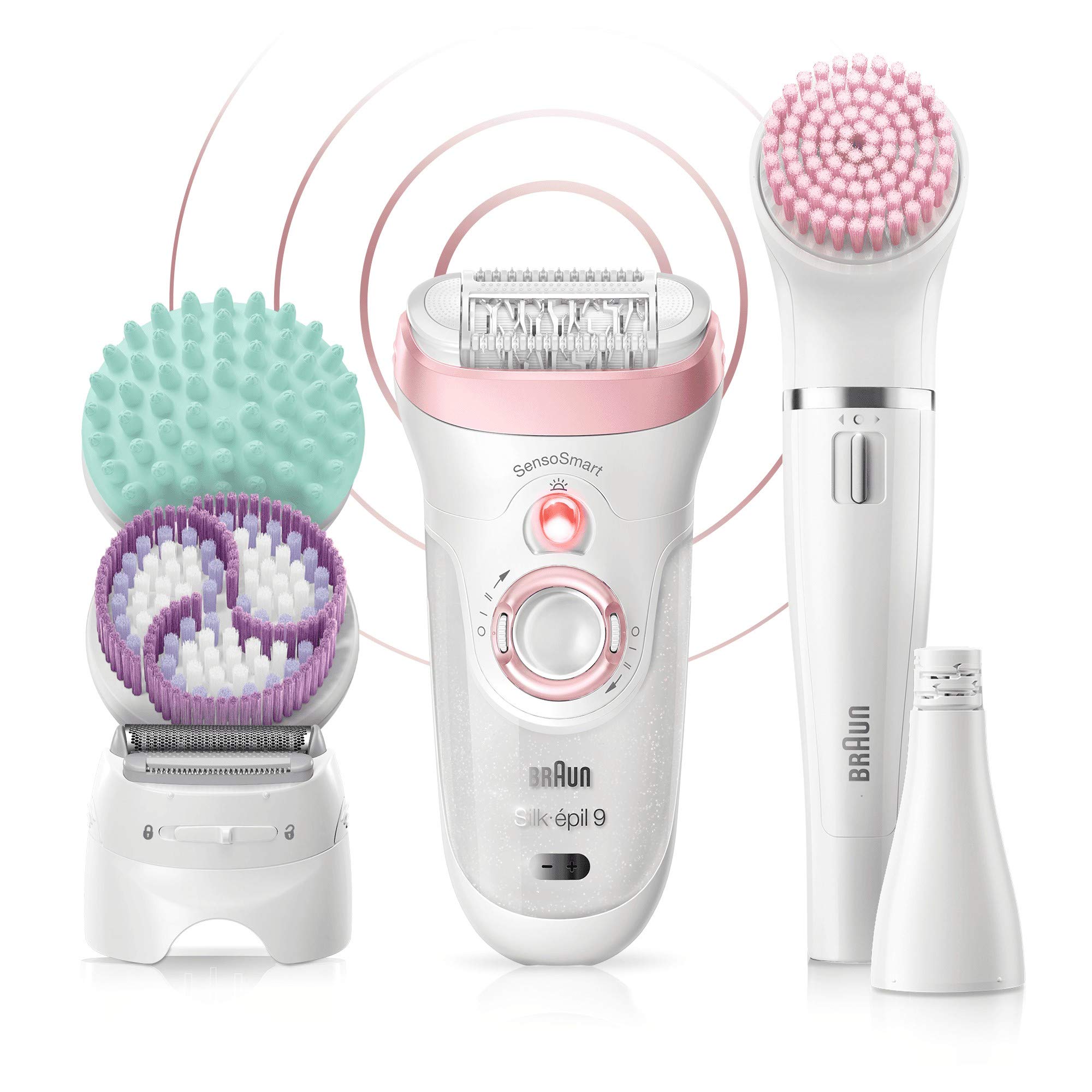 Braun Silk-épil 9 Kit Depiladora Eléctrica Mujer, 9-995 Deluxe 9 en 1, Depilación inalámbrica en seco y húmedo, Depiladora, afeitadora, exfoliante, kit de limpieza facial y corporal, blanco/rosa