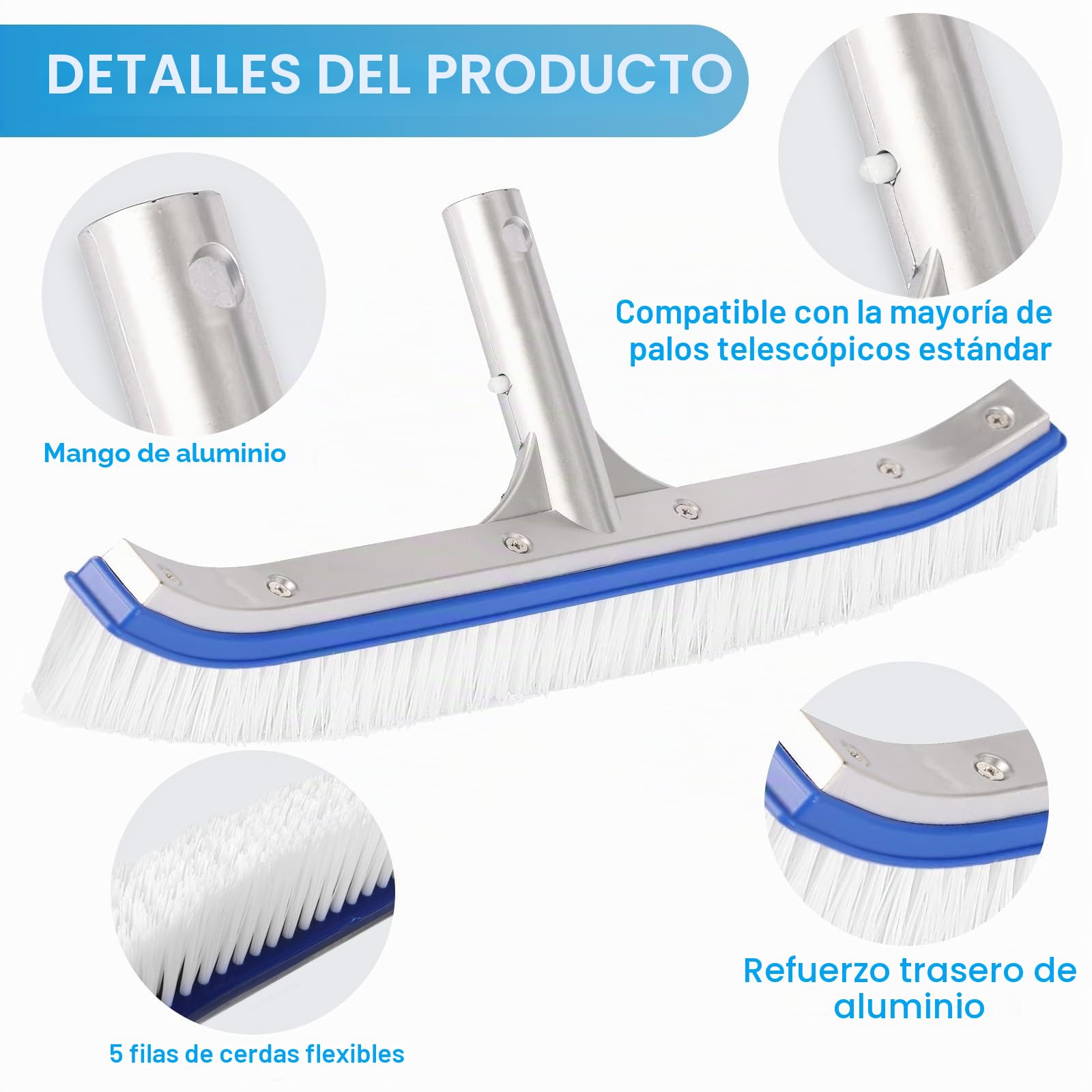 Cepillo de Piscina 160 cm, Cepillo Piscina con pertiga, Cepillo para Limpiar Piscinas 44cm, con Barra de Aluminio Ajustable y Parte Trasera de Aluminio Reforzado para Paredes, Azulejos