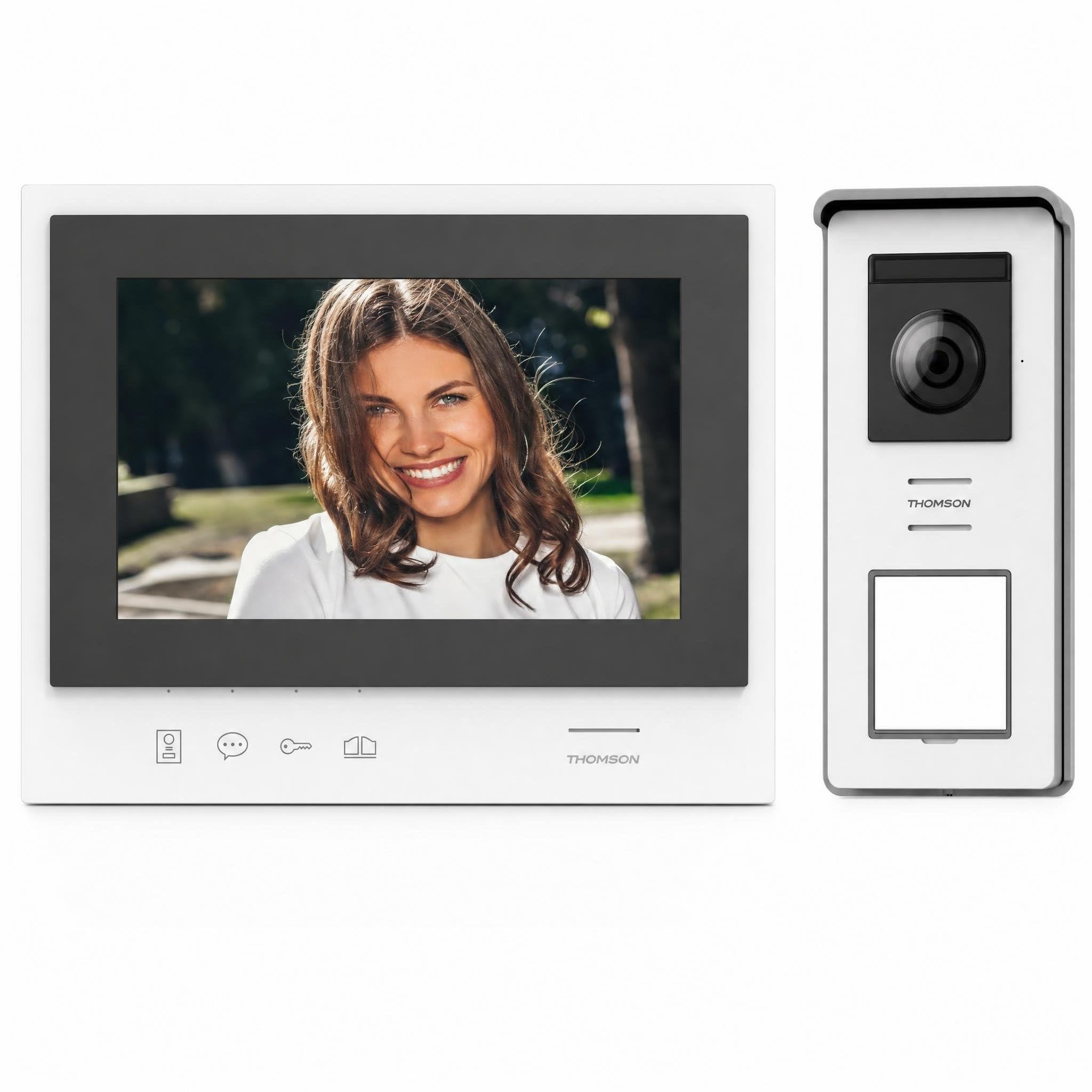 THOMSON Videoportero Inalámbrico con Pantalla, Interfono y Cámara Exterior | Pantalla HD de 7", alcance de 350 m en campo abierto, batería recargable, visión nocturna, SD de 8 GB y función Door Check.