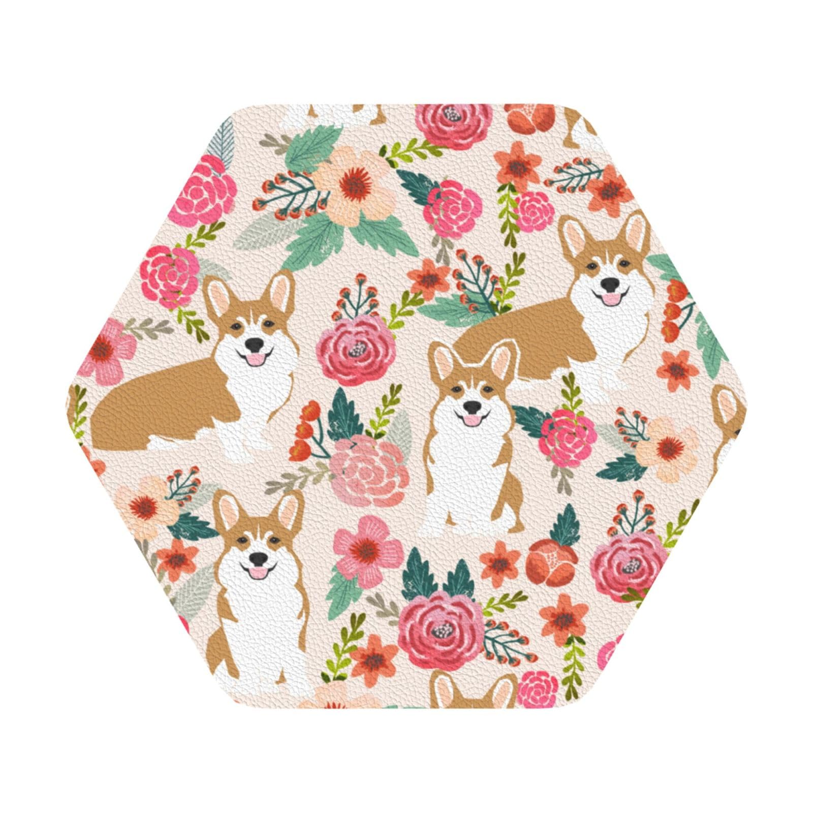 Corgi Floral Flowers PU Leather Coasters Set of 6 Hexagon Drink Coasters