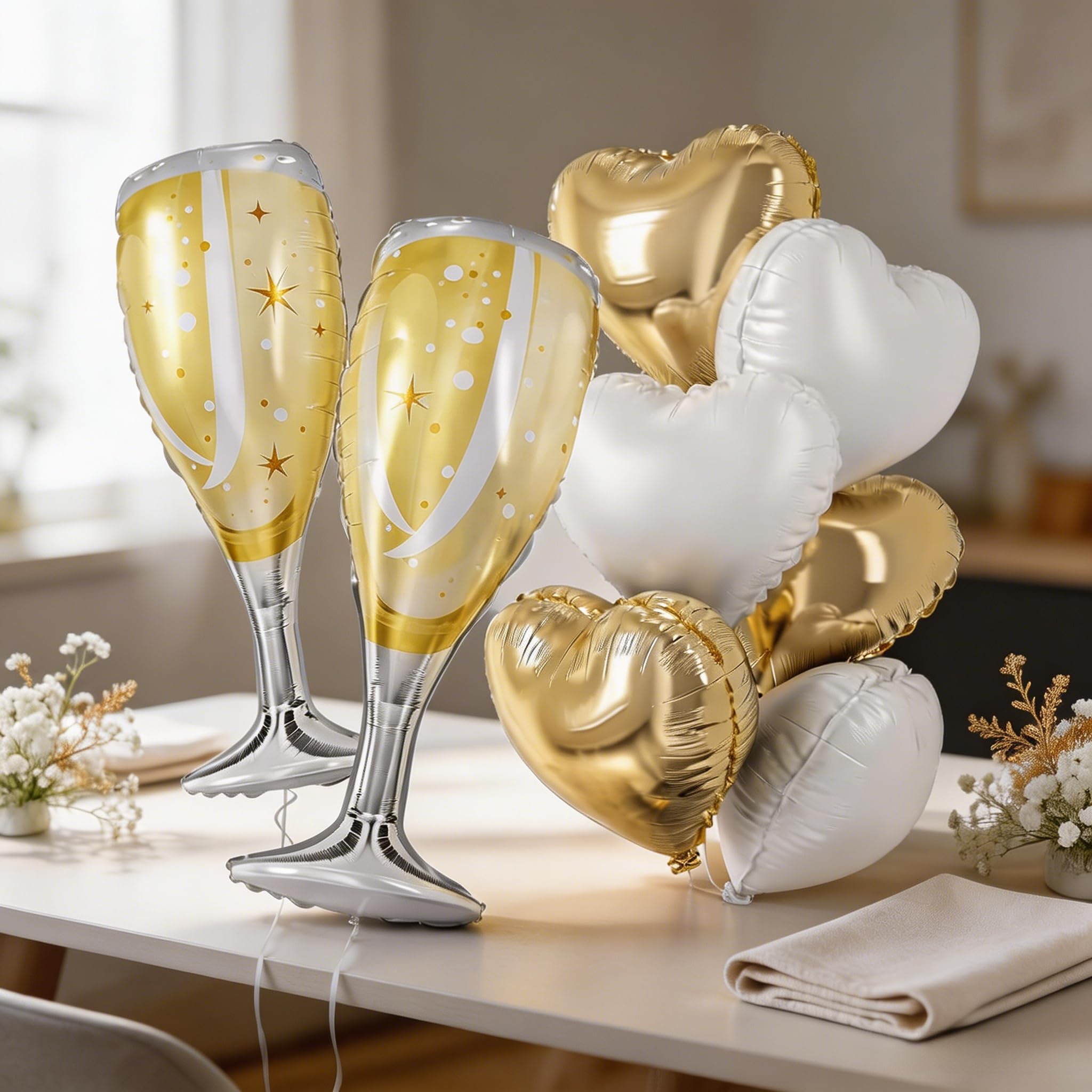 Balloon Arch Set, Champagne Glass & Heart Balloons for Elegant Party Decor, Gold and White Thick Foil Balloons for Birthday Anniversary Celebration