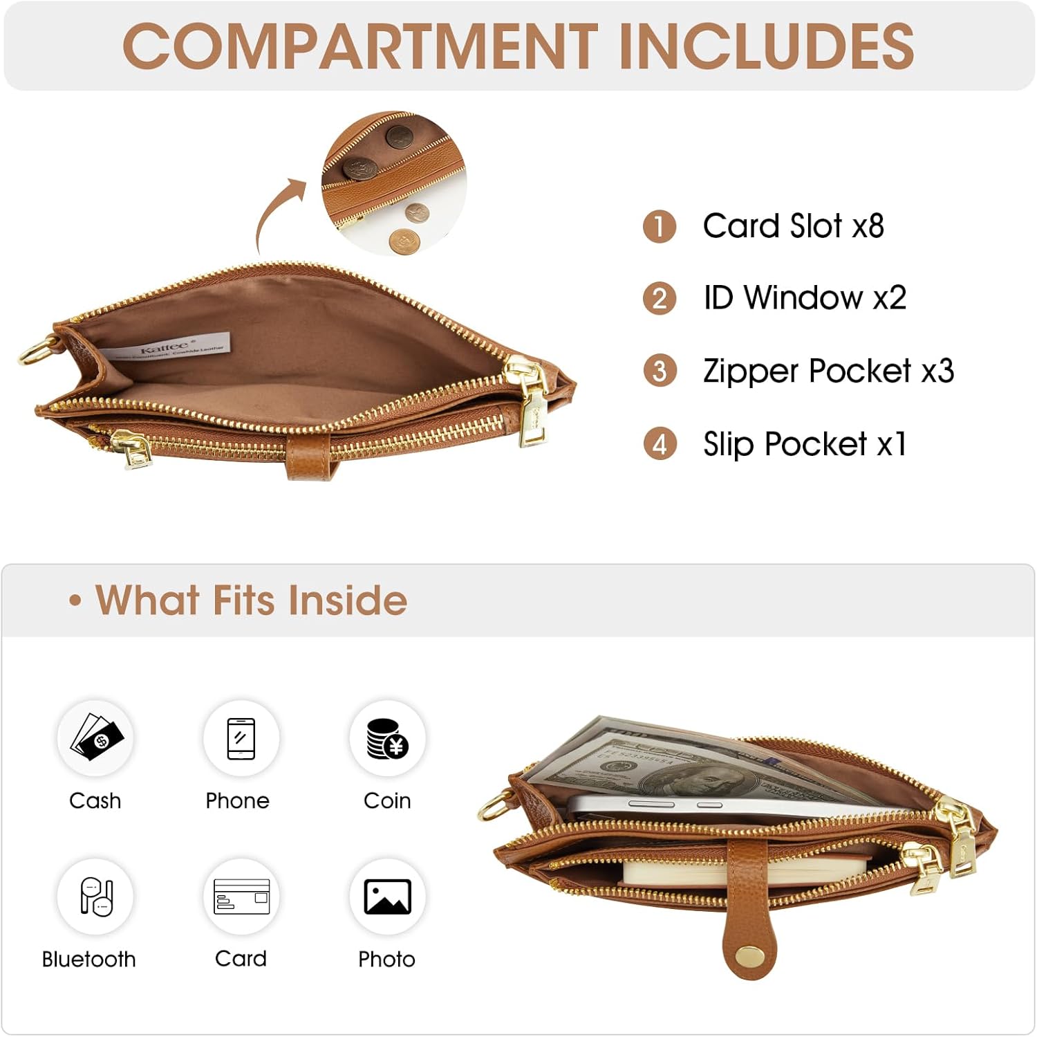 Kattee Leather Wristlet Wallets for Women, RFID Wallets Women, Top Grain Leather Card Holder Phone Purses Clutch Bags - Image 5