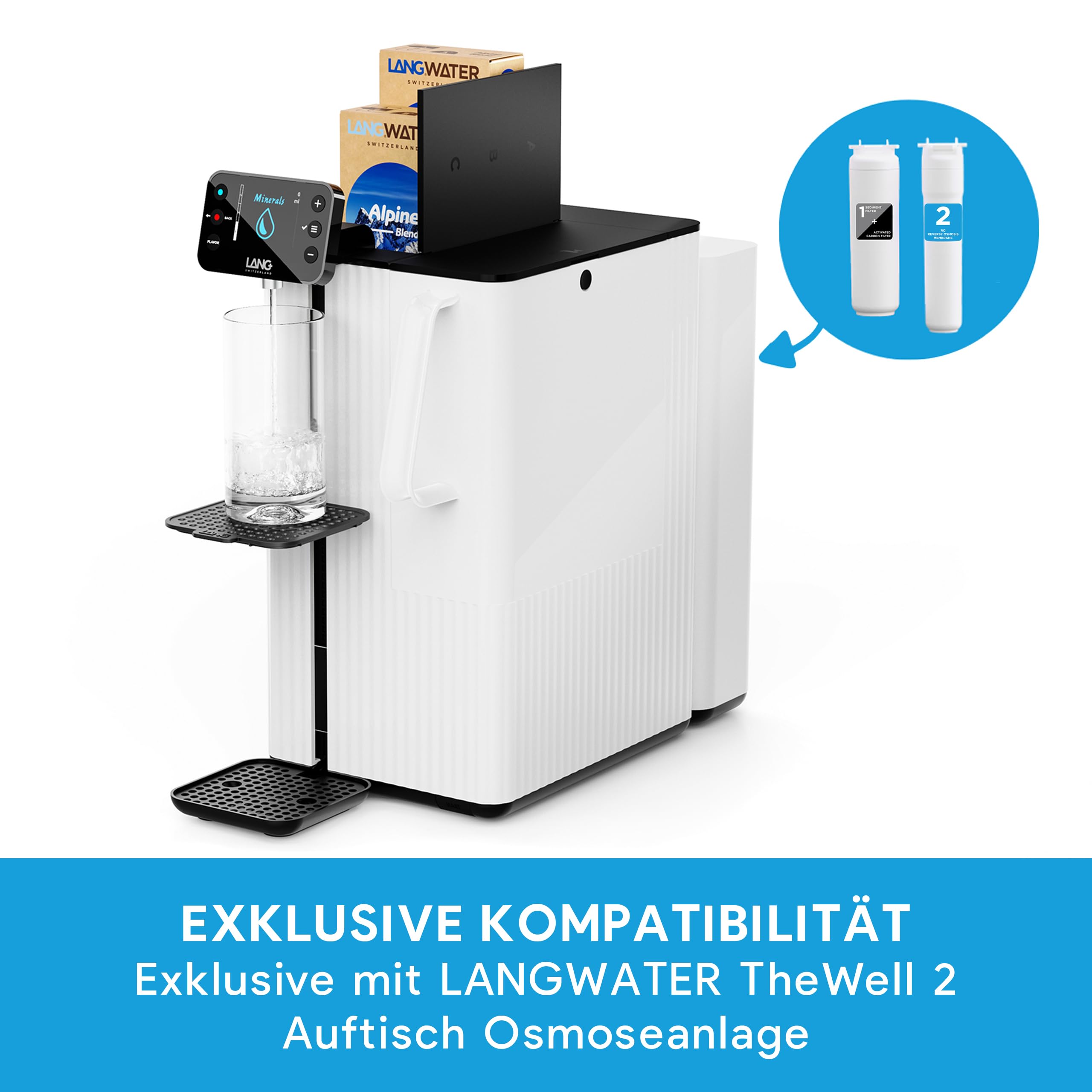 LANGWATER Ersatz-Wasserfilter-Set für TheWell 2 Auftisch Osmoseanlage – Filter 1 Kombinierter Sediment-Aktivkohlefilter, Filter 2 NSF 58-zertifizierte RO-Membran – Antikalk – Einfache Installation