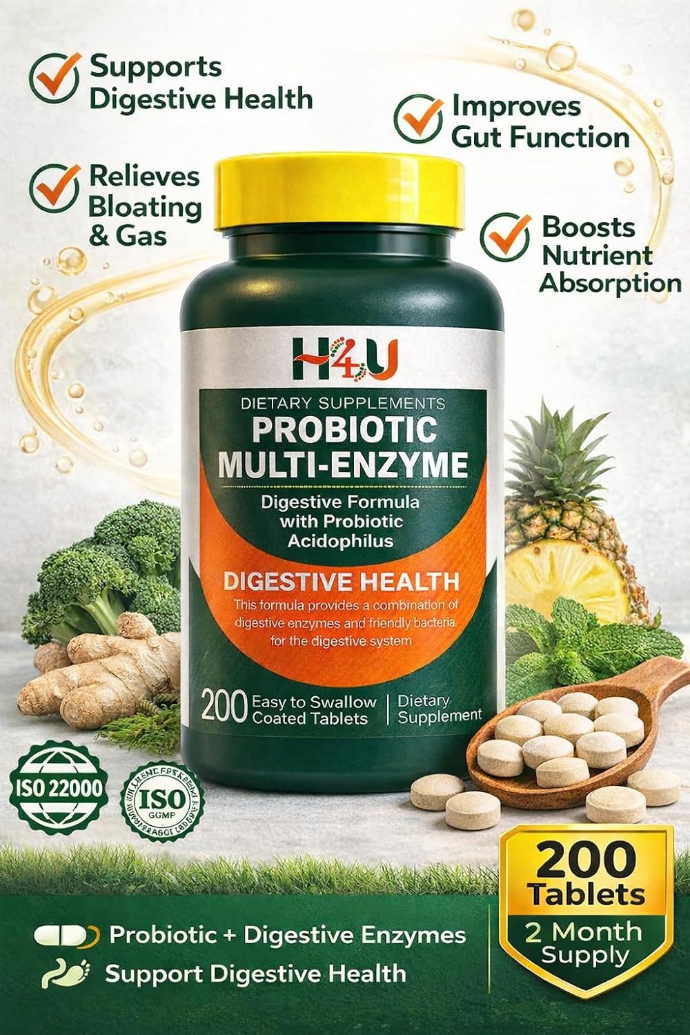 H4U Probiotic Multi-Enzymes with Prebiotics and Probiotic Acidophilus for Digestive and Gut Health, Providing Relief from Meal-time discomfort and Bloating. Dietary Supplement, 200 Count.