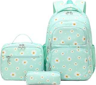 SIVENKE Juego de mochila escolar con estampado de margaritas, bolsa de almuerzo, estuche para lápices, 3 piezas, para adol...