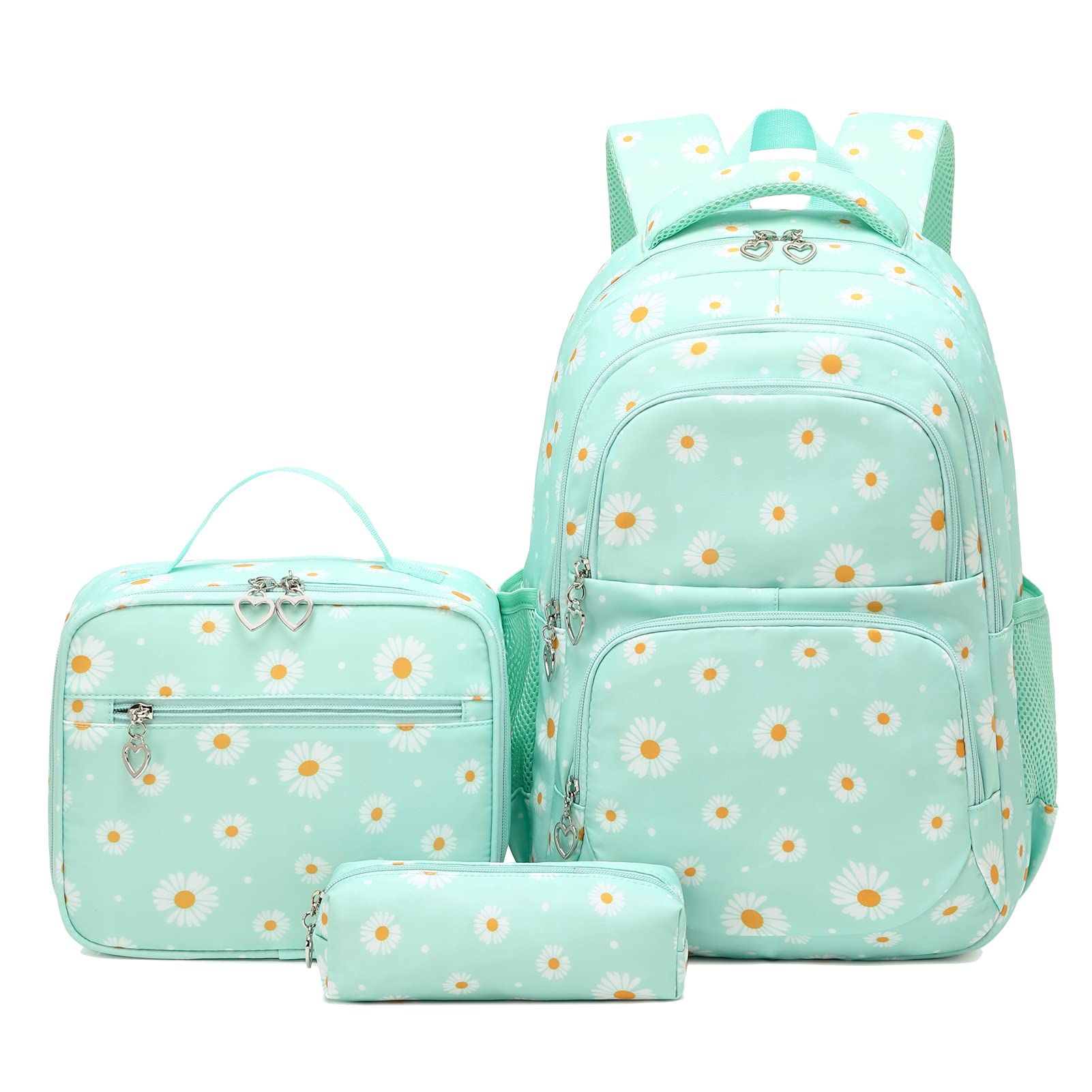 Daisy Printed School Backpack Set with Lunch Bag Pencil Case 3 Pieces School Bags for Teens Girls Boys Primary Junior Middle School Water Resistant Lightweight Bookbag Travel Rucksack