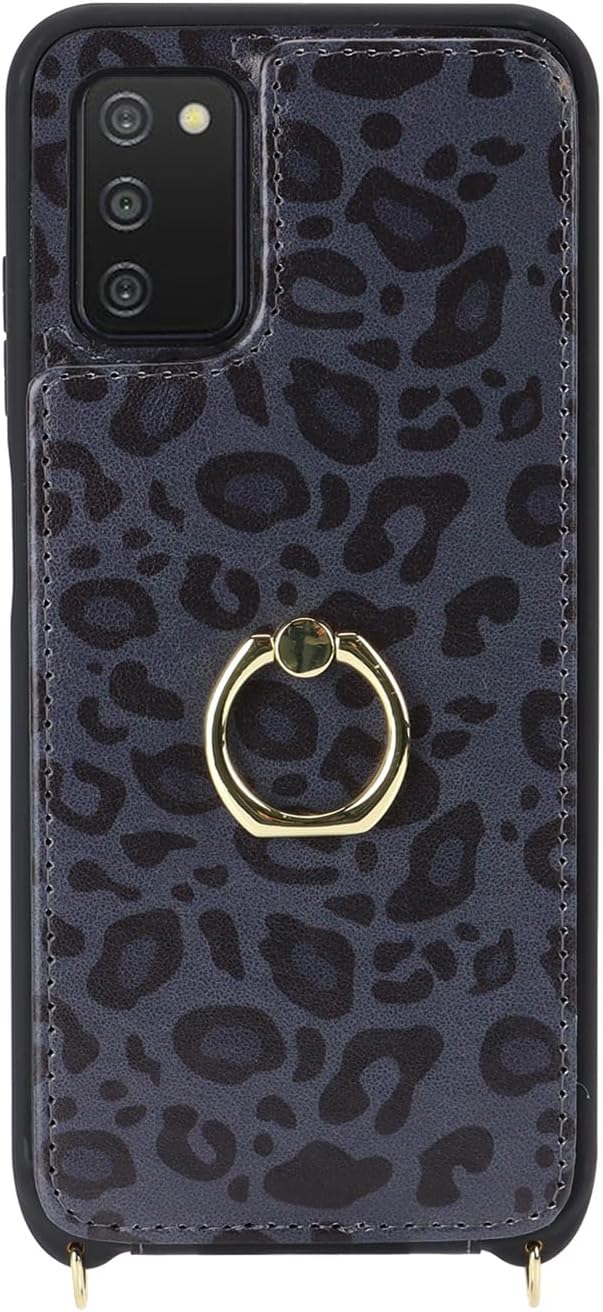 Lipvina for Samsung Galaxy A03s Case with Card Holder and Strap for Women,Crossbody Lanyard,RFID Blocking,Ring Stand,Snap Clasp,Cute Phone Wallet Cases 6.5 inch(Black Leopard)