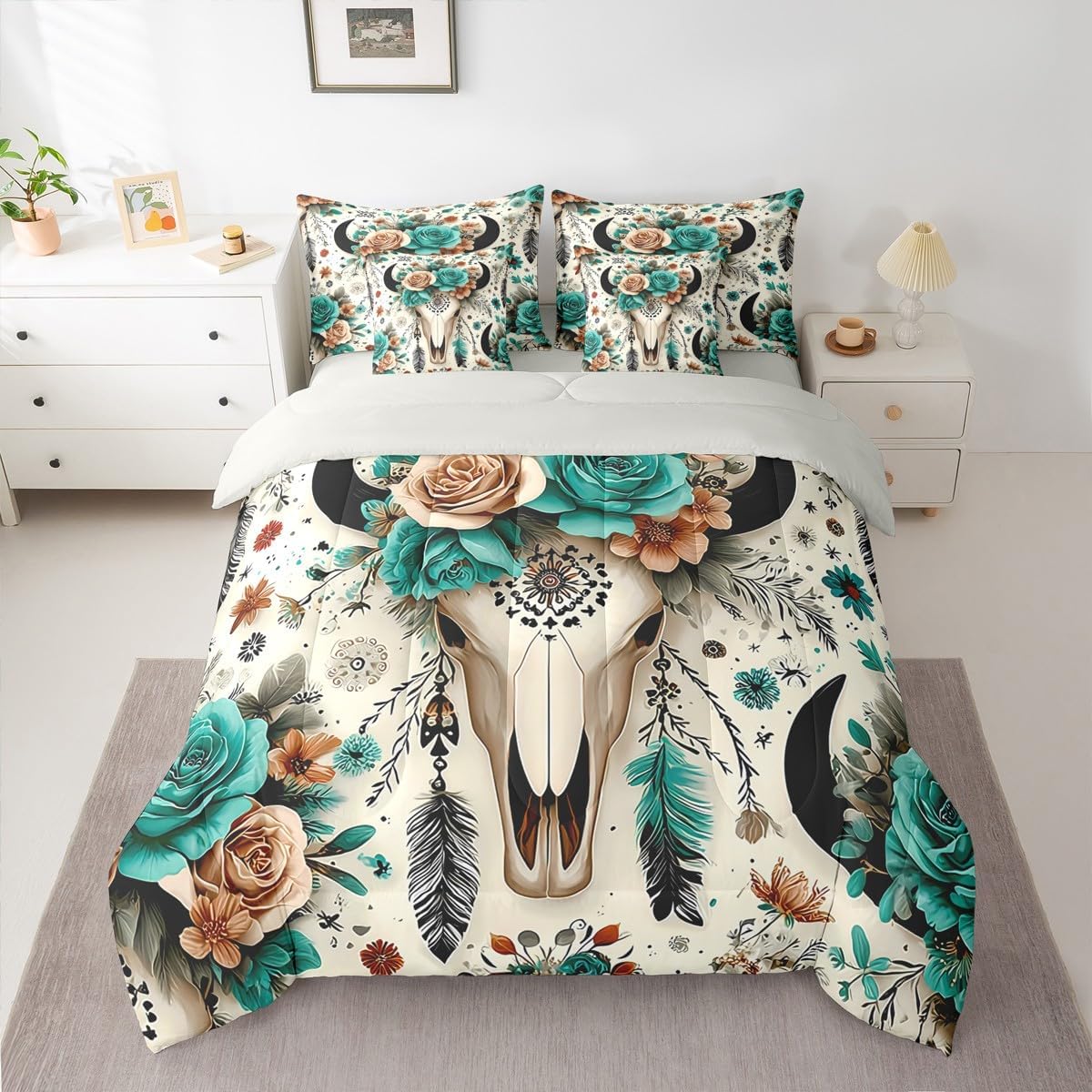 Erosebridal Western Bedding Set 7-Piece Queen Size Cowboy Comforter Set with Sheets | Cow Bull Skull Bed in A Bag with Flat Fitted Sheet for Kids Boys Girls Western Boho Floral Bedding Collections