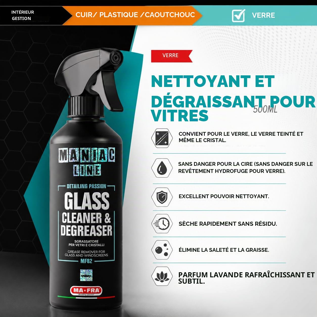 MANIAC LINE MAFRA Nettoyant et dégraissant pour vitres sans ammoniaque - Sans danger pour le verre teinté - Élimine le calcaire, la graisse et le film routier - Finition sans traces - Flacon de 50 ml