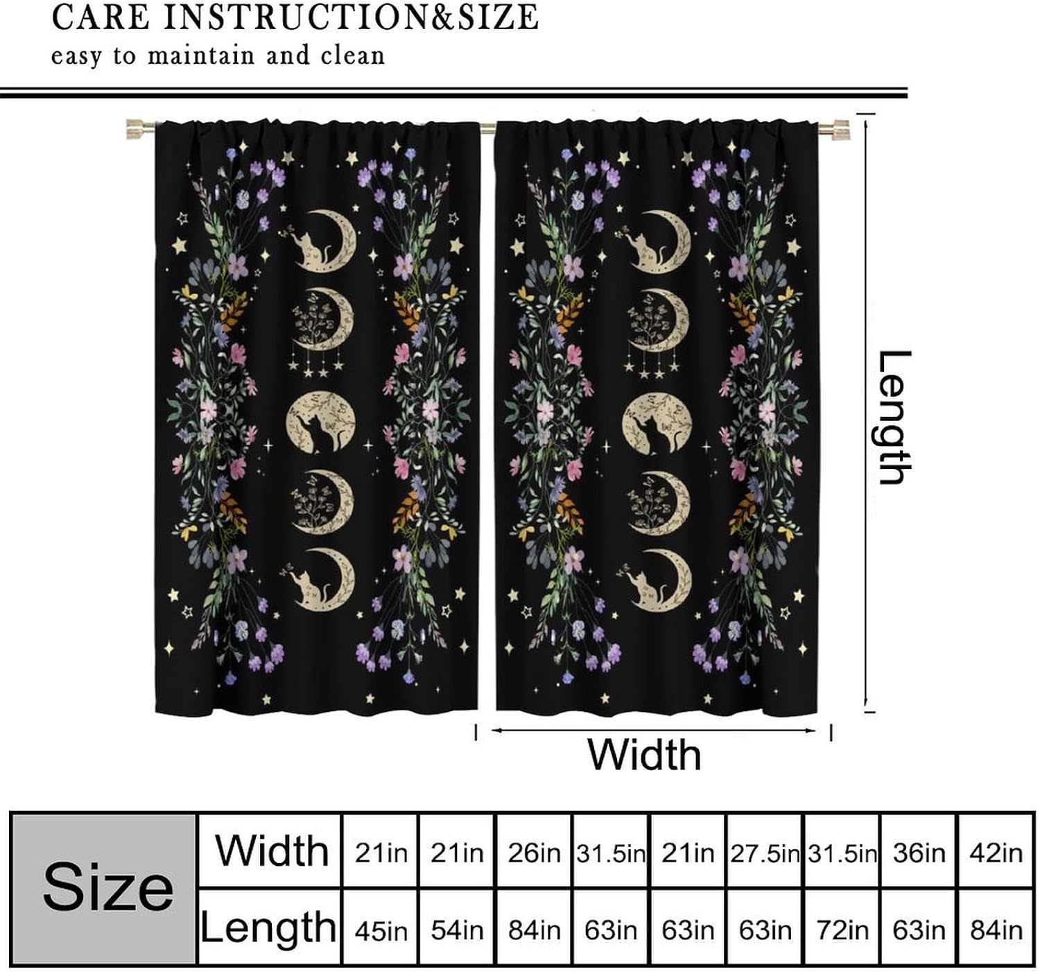 YCness Moon Flower Bedroom Curtains, Phase Moon Black Cat Natural Plant Moonlight Bohemian Natural Print Living Room Drapes 2 Panels Set 42x63 Inch