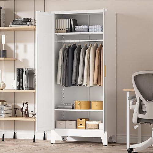 Vista 5 de Armario de metal de 71 pulgadas de alto con estantes ajustables y barra para colgar, 2 puertas, armario independiente para dormitorio, oficina
