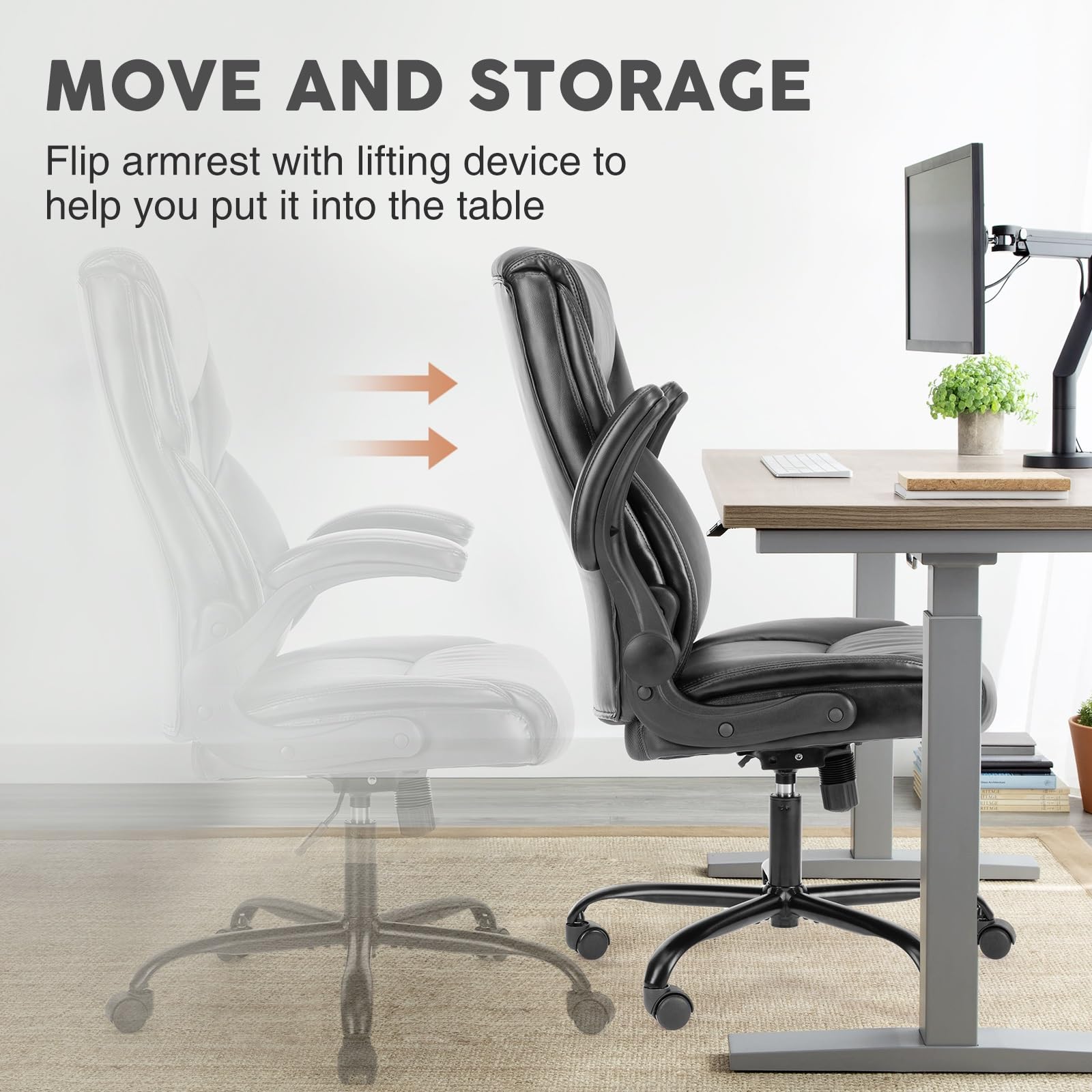 Silla de Oficina ergonómica de Cuero con Respaldo Ajustable a 120° y Capacidad de 125 kg (275 lbs) - Silla de Ordenador de Respaldo Alto con reposabrazos abatibles y Ruedas Flexibles de 360°