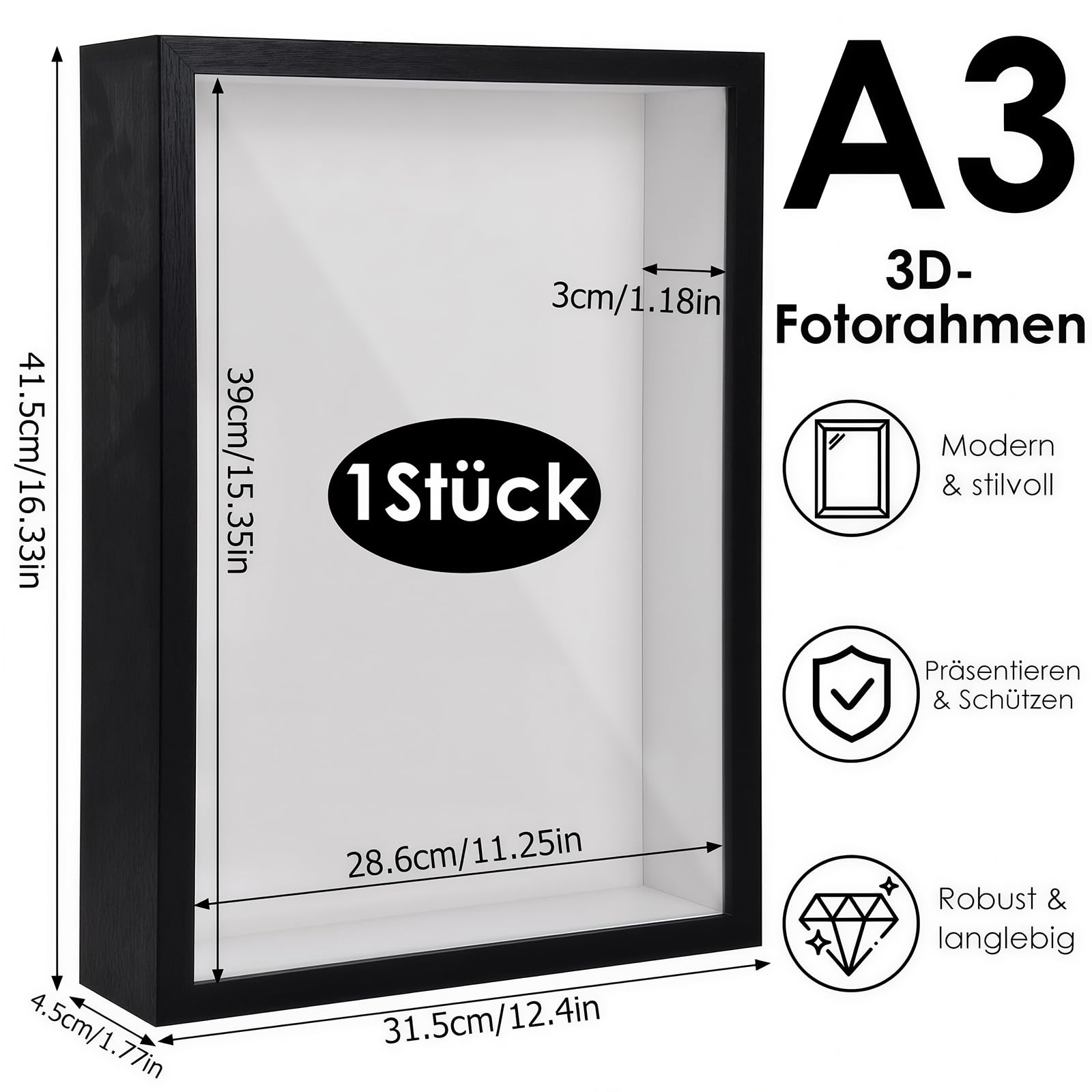 3D Bilderrahmen zum Befüllen, 41,5 x 31,5 x 4,5cm Schwarz Shadow Box, 3D Objektrahmen Tiefer 3cm für Hochzeitsstrauß, DIY Kunstwerke, Tiefer Rahmen für Wand