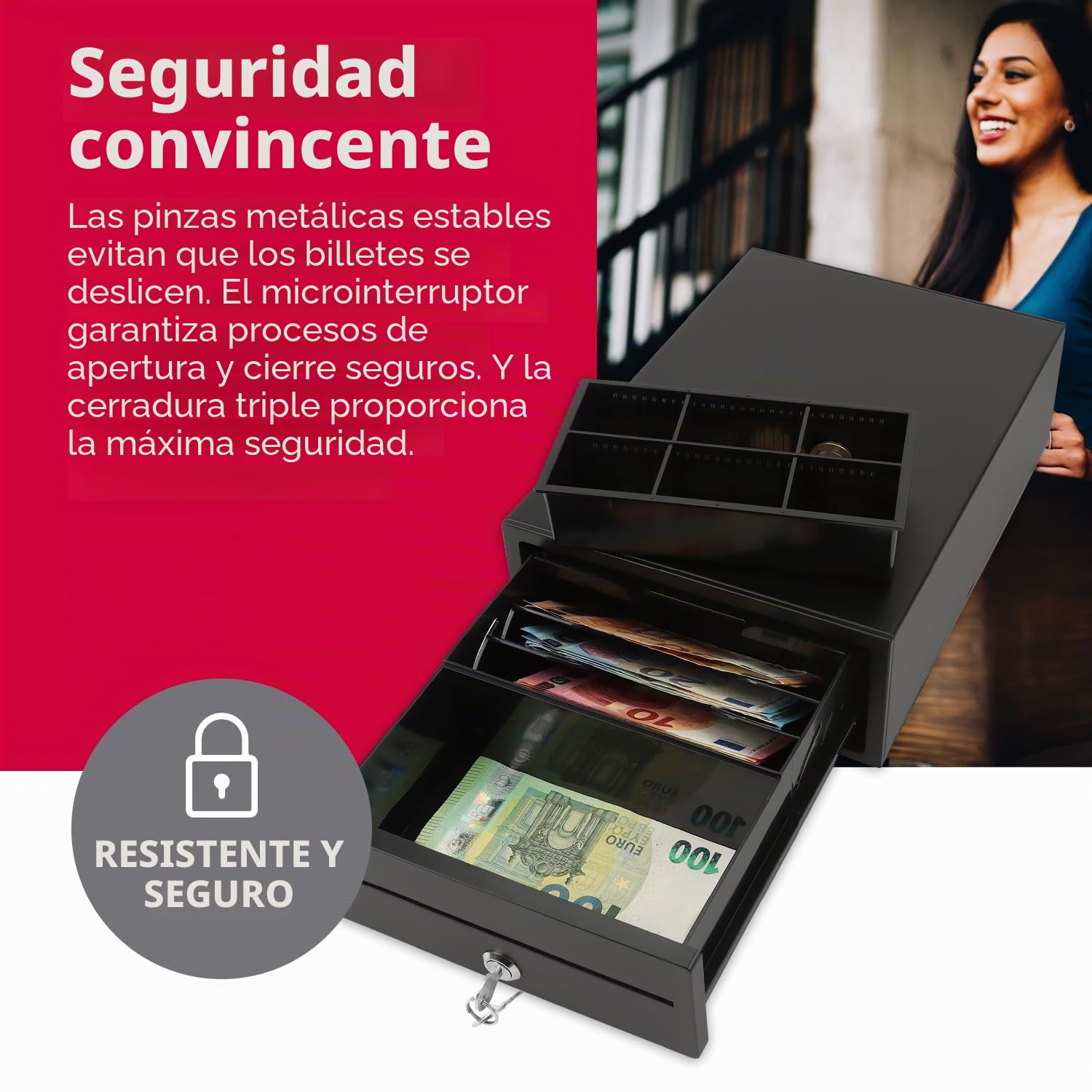 OLYMPIA Mini 208 Cajón de efectivo de metal completo | Base para caja registradora | Cajón con 6 monedas y 3 compartimentos para billetes | Conector RJ12 y cerradura