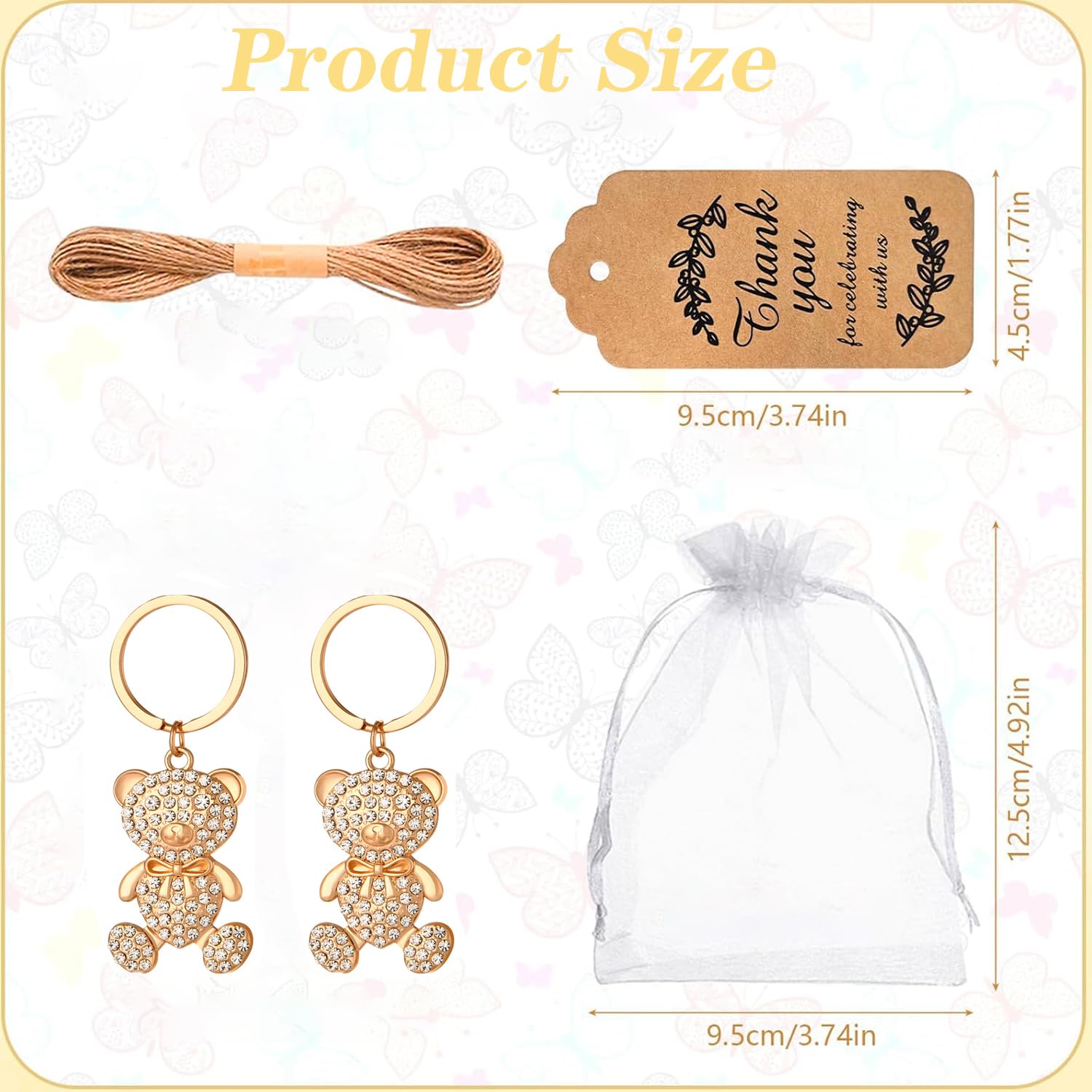 50 Stück Strass-Bär-Schlüsselanhänger, Babyparty, Party, Gastgeschenke, Hochzeit, Braut, Geburtstag, Souvenirs für Gäste, niedlicher Bären-Schlüsselanhänger mit Etiketten, Taschen (Gold)