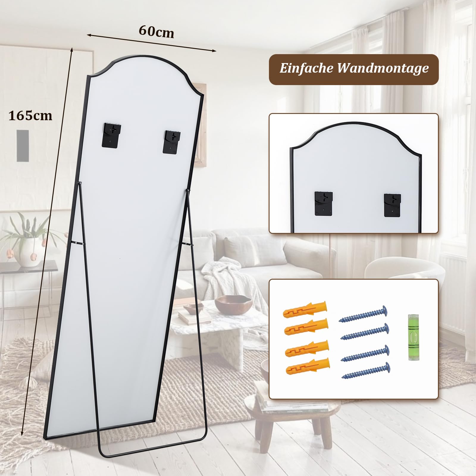 Koonmi 165 x 60 cm Ganzkörperspiegel - Einzigartiger gewölbter Oberkörper, für Garderobe, Schlafzimmer, hängend, stehend oder Sich anlehnen, schwarz
