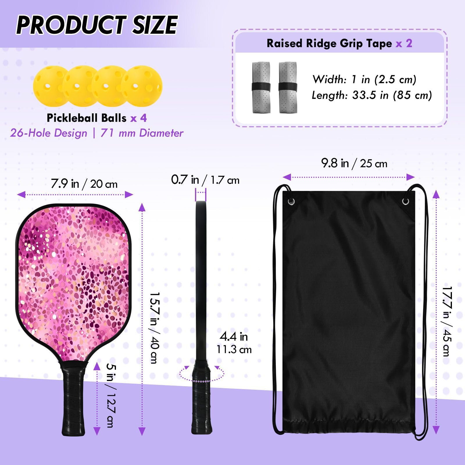 Leopard - Racchette da pickleball Spin & Power con glitter sfumati viola