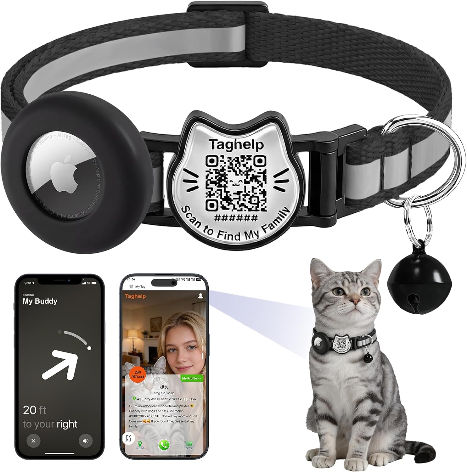 Cat Collar with AirTag Holder, QR Code Tag and Bell (Black) | Reflective， Breakaway, QR Code ID Tag