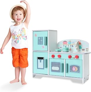 Kinderküche aus Holz mit Zubehör, Rollenspielküche für Kinder, Mini Küchenchef Spielset, Kinderküchen-Spielset mit Spiellebensmitteln, Kühlschrank, Ofen, Stauraum, Spüle, ab 3 Jahre, Grün