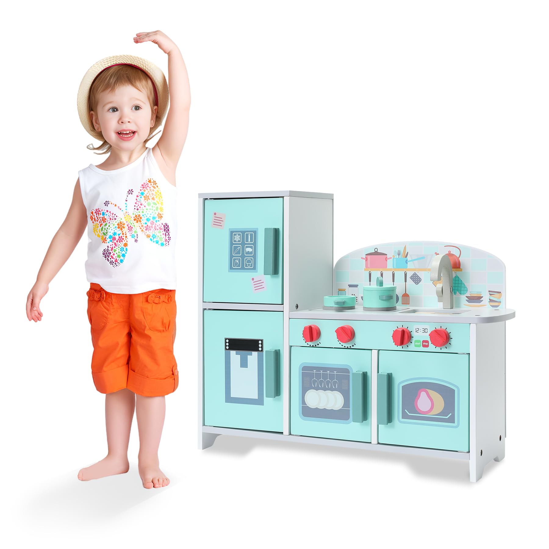 Cucina per bambini in legno con accessori, cucina per giochi di ruolo per bambini, set da gioco Mini Chef, set da gioco per cucina con cibo da gioco, frigorifero, forno, vano portaoggetti