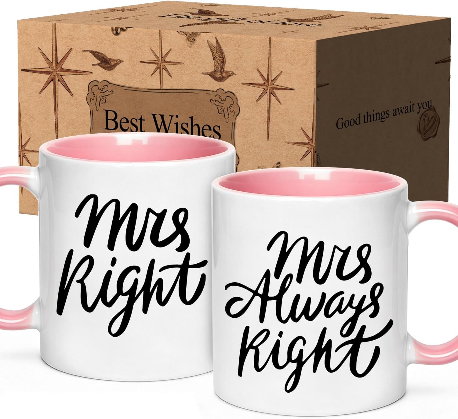 Mrs Right Mrs Always Right Coffee Mug Set, Lesbian Wedding Gifts for Couples Wife Wife, LGBTQ Pride Month Anniversary Bridal Shower Gifts for Women Friends