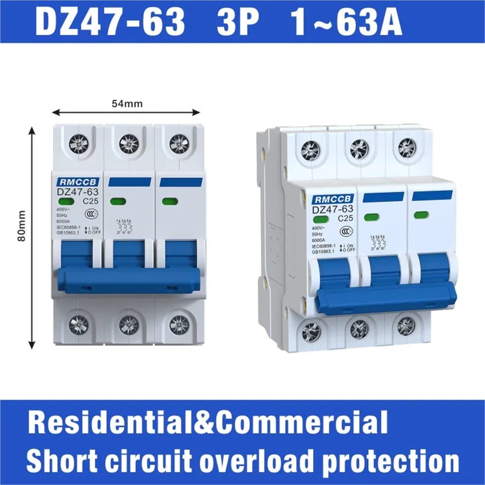 Interruttore automatico magnetotermico MCB DZ47-63 230V 400V 1P 2P 3P 4P 6A 16A 32A 40A 50A 63A(2,10A)