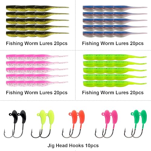 Miniatura 2 de Lilureena Kit de señuelos de pesca de gusano, juego de señuelos de plástico suave con anzuelos de pesca, cebos de pesca, mini gusano Senko para