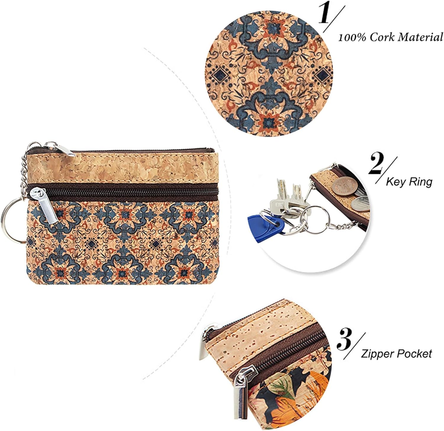 Eco-friendly Natural Cork Coin Purse, Boshiho Mini Coin Change Wallet Credit Card Holder Zipper Pouch Vegan Wallet with Key Ring Keychain image 3