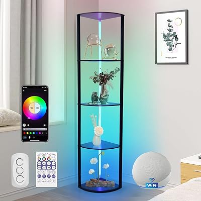 5 Tiers Corner Shelf with Light, Smart RGB LED Floor Lamp Compatible with Alexa, Smart App and Remote Control, Corner Display Cabinet with Storage Rack for Collectibles Curio Living Room Bedroom Home