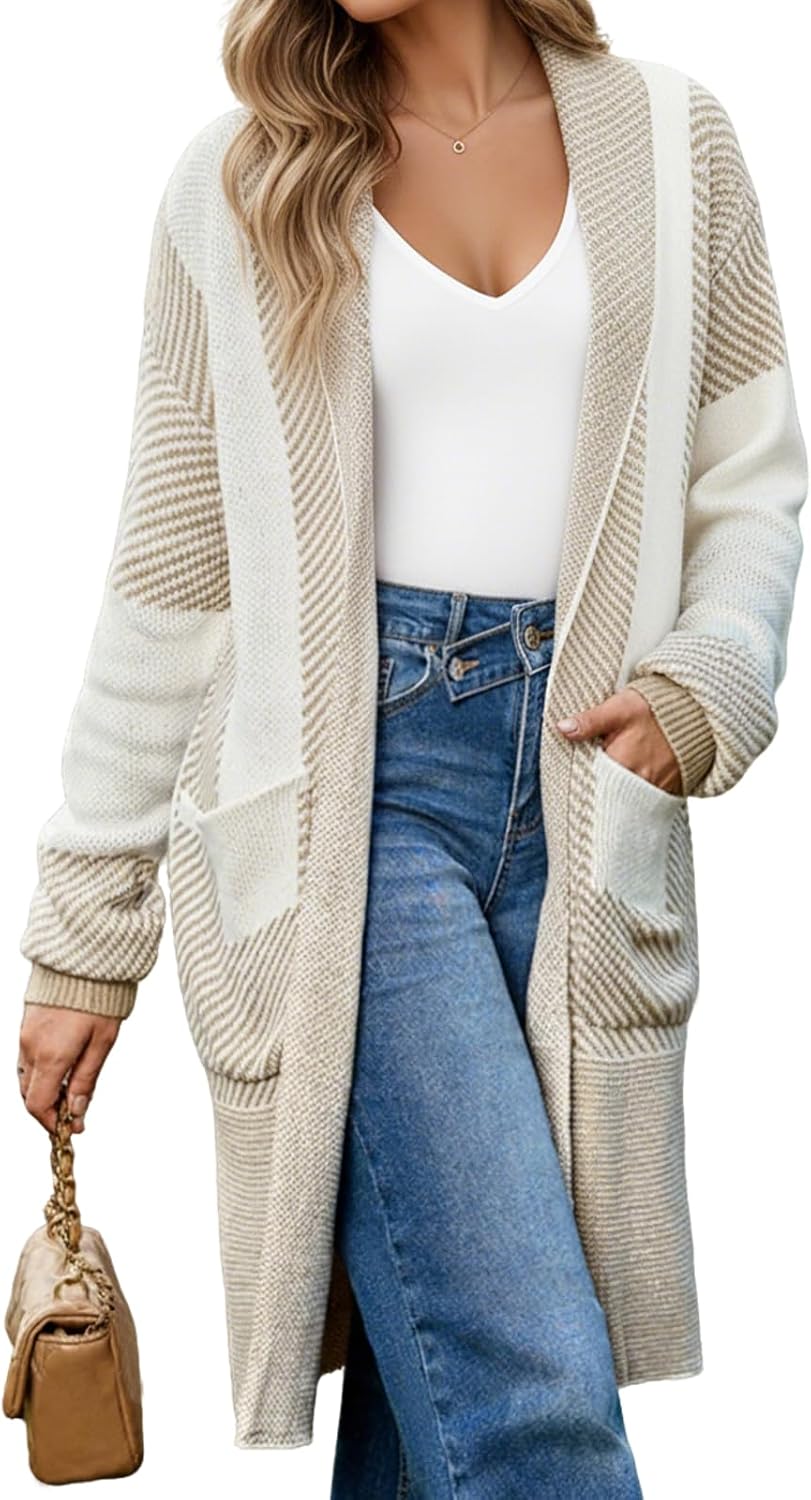 Women's Cardigan Chunky Open Front Sweater Long Knit Sweaters 2026 Spring Color Block Striped Outerwear Coats - Image 4