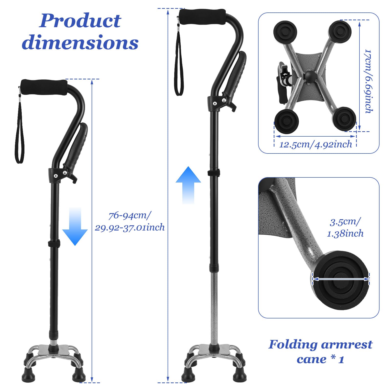 Bastón con 4 patas plegable ajustable negro aluminio | Andador de doble asa para personas mayores, soporta hasta 150 kg, base ergonómica y antideslizante, altura ajustable 76-94 cm