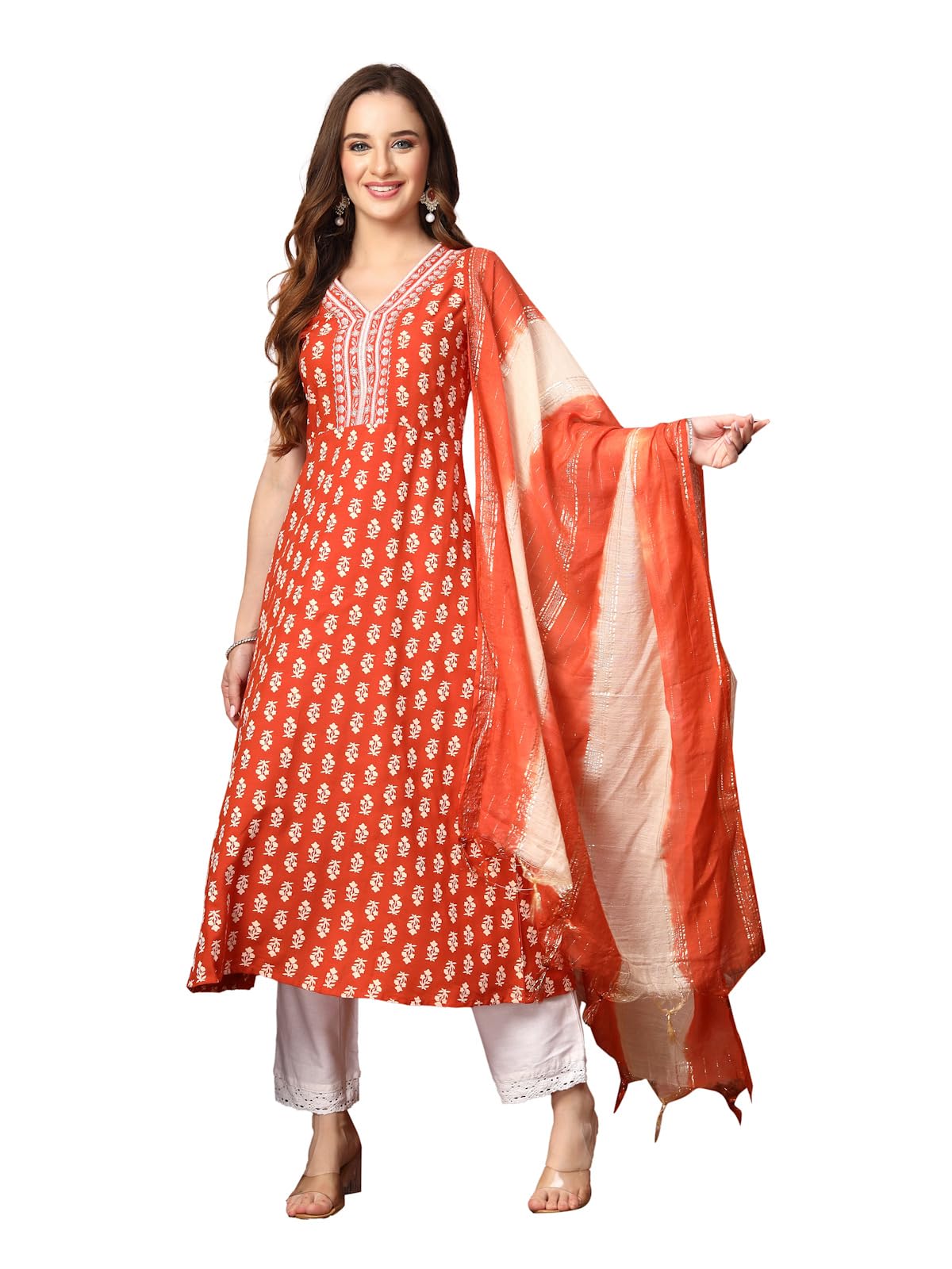 Stylum Women's Printed & Embroidered Rayon A-Line Kurta Dupatta Set (Kdrustmoko34_Rust, Xs)