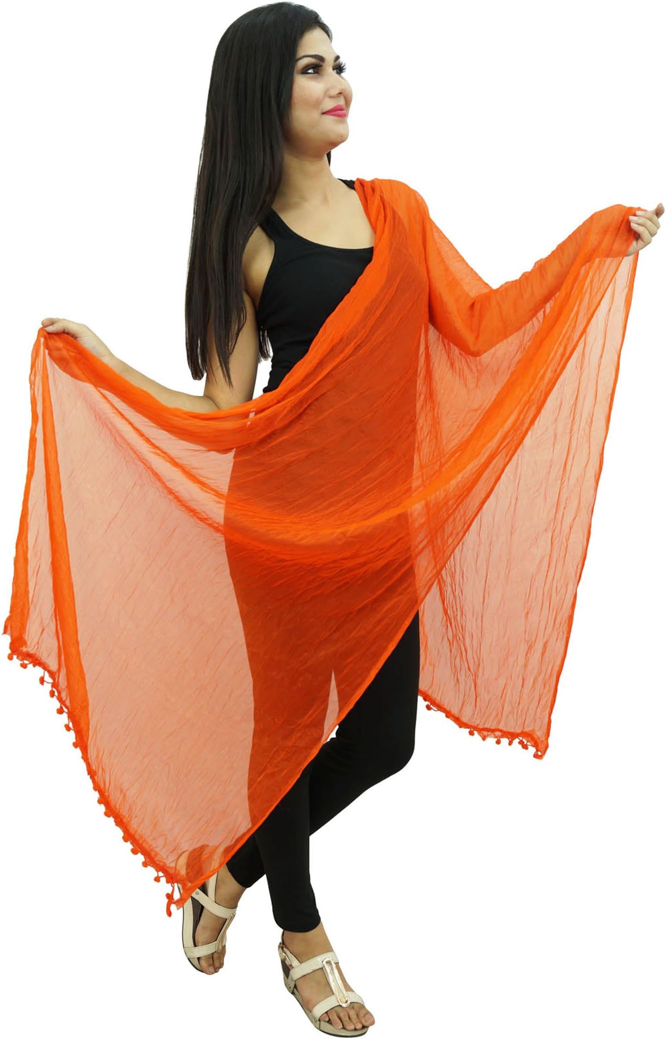 ibaexports Women Indian Chunni Chiffon Blend Long Pom Fringe Dupatta Scarves Women Fashion Accessory
