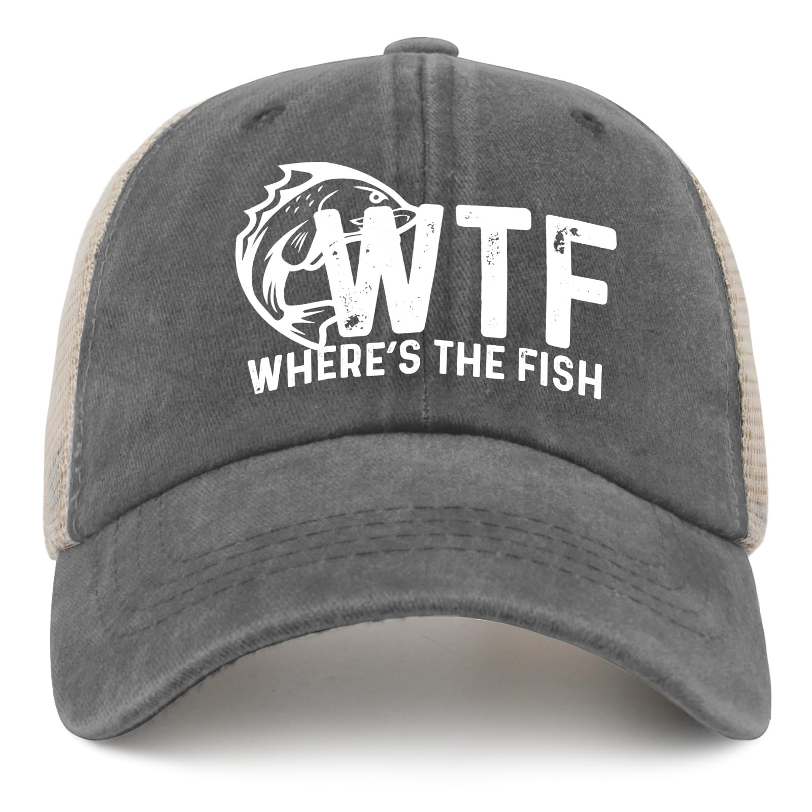 WTF Where's The Fish Hat Trucker Hat Men Trendy Mesh Cap for Summer Gray