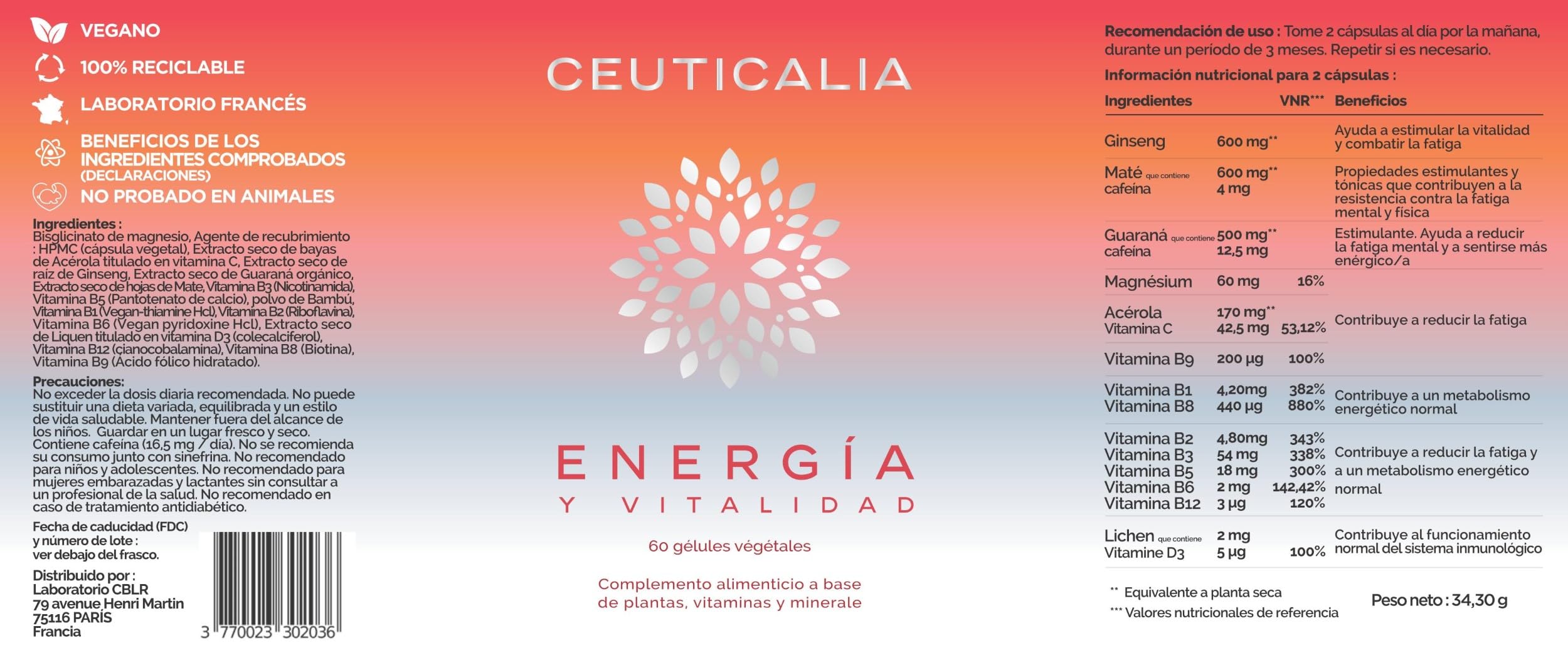 Complemento Alimenticio Energía y Vitalidad - Anti Cansancio y Agotamiento - Para Mujer y Hombre - Ginseng, Guaraná, Yerba Mate, Acerola, Magnesio, Vitaminas D y B - 180 Cápsulas, 90 Días