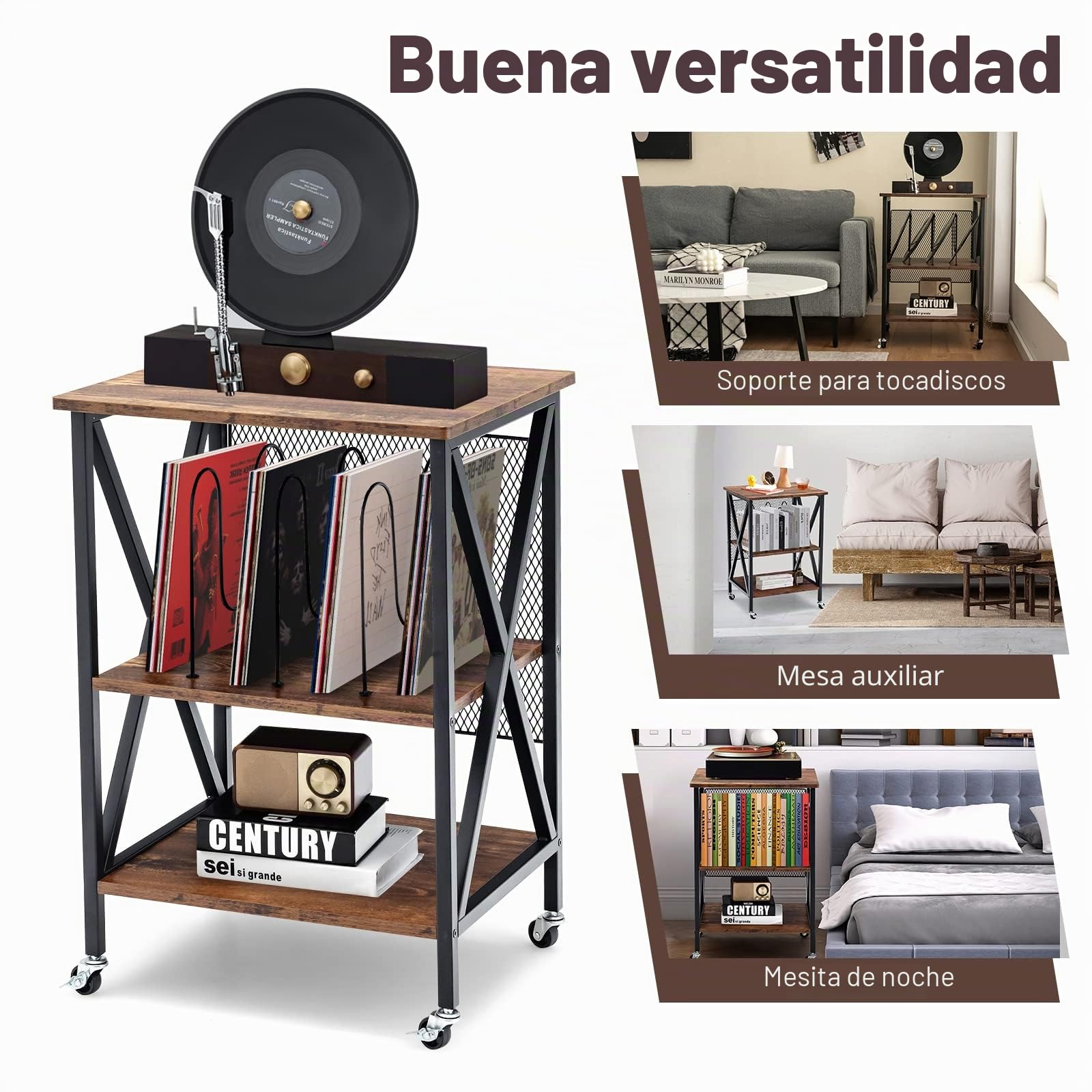LIFEZEAL Mesa Auxiliar para Tocadiscos de 3 Niveles con Ruedas | Mesa de Sofá con Estante Abierto, Base de Madera para Disco y 75 cm de Alto (sin Enchufe)
