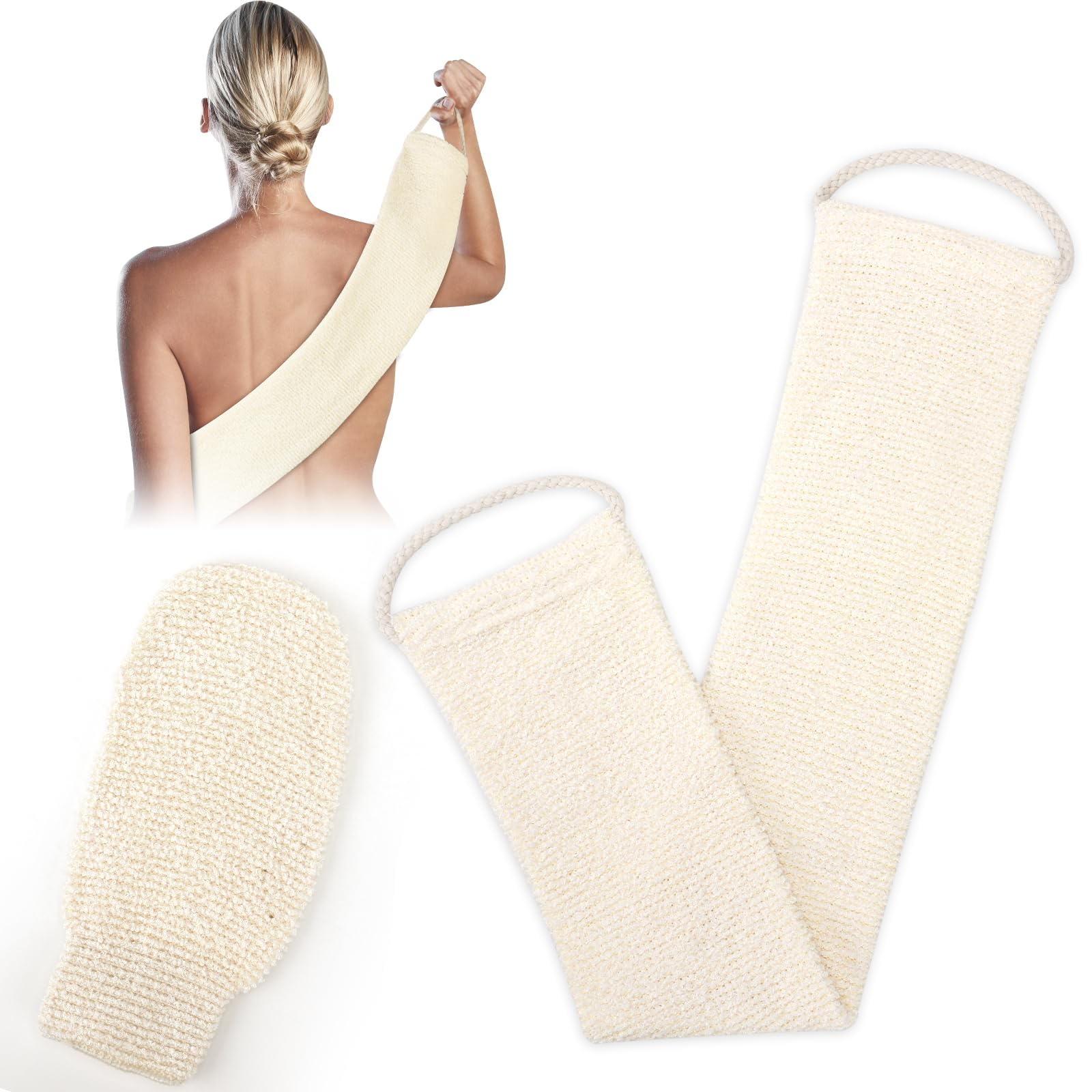 GoldOars Rückenschrubber für Dusche Bambusfaser Peeling Scrubber Schwamm Rückenbürste Massagehandschuh mit Rücken Mitt 2 Stück (Cremeweiß)