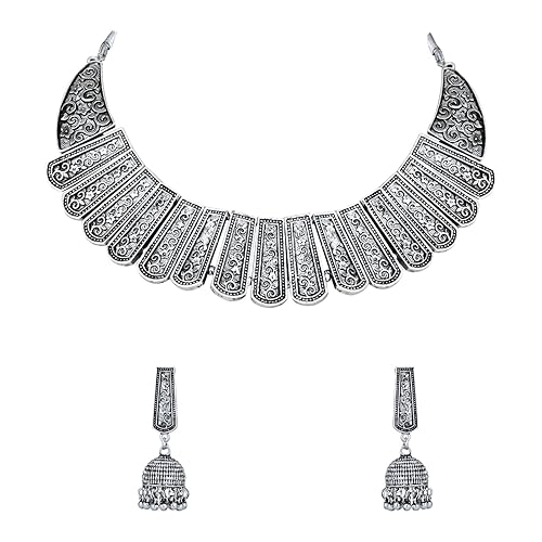Navratri Silver Oxidised Traditional Afghani Choker Necklace Jewellery Set With Earrings (MC189OX)