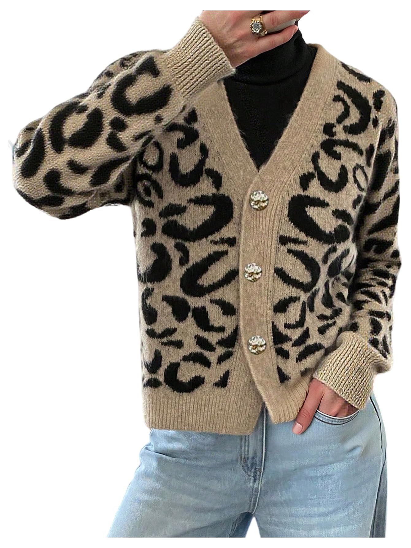 Floerns Womens Cheetah Long Sleeve Cardigans V Neck Button Down Fall Outfit Going Out Sweater