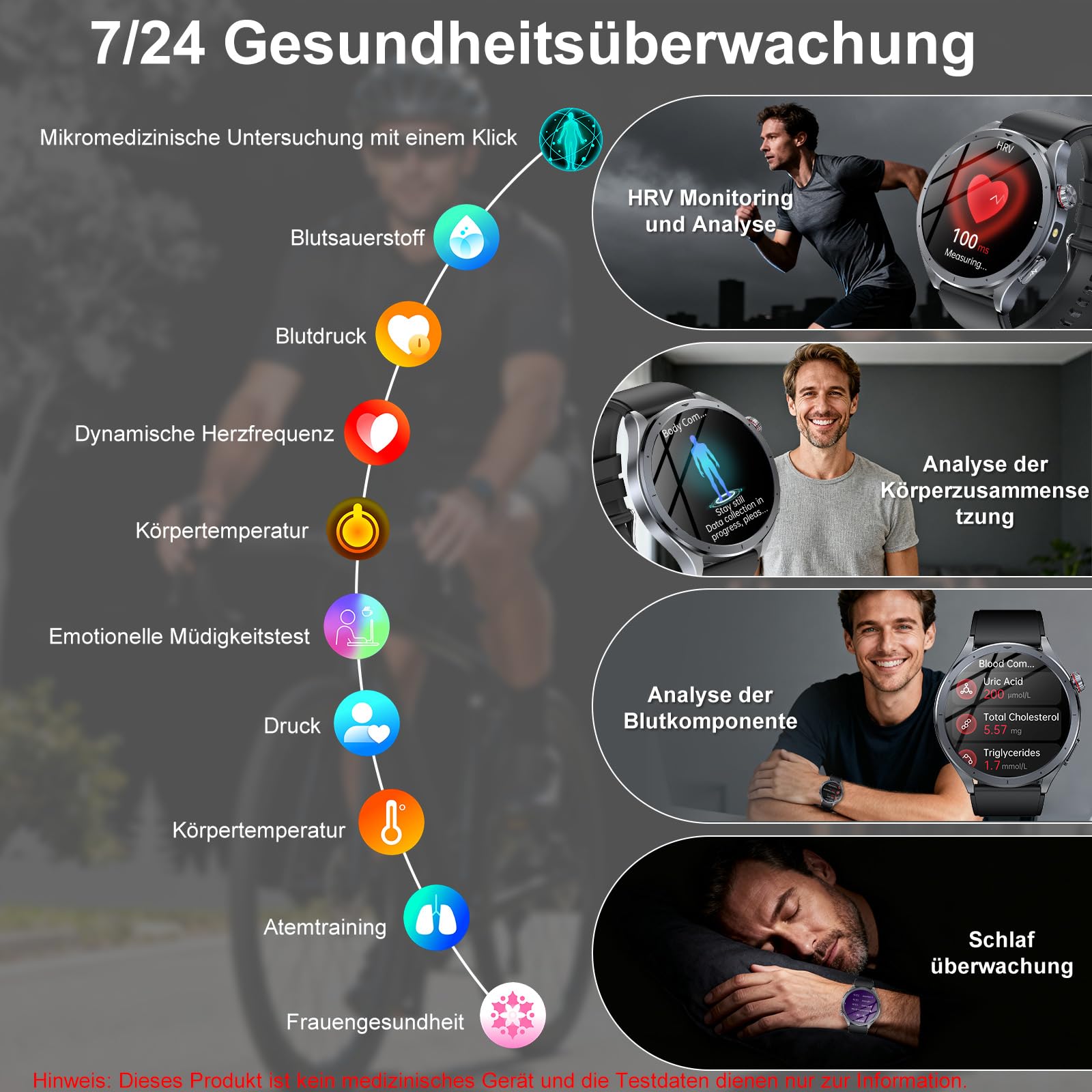 Neu Smartwatch Herren mit AI-GPT, EKG+HRV, 1.53" Runddisplay Gesundheitsuhr | 24H Blutdruck/SpO2/Körpertemperatur/Schlafmonitor, SOS-Telefon, BMI, Harnsäure, LED-Licht, Fitnessuhr für iOS/Android Schwarz