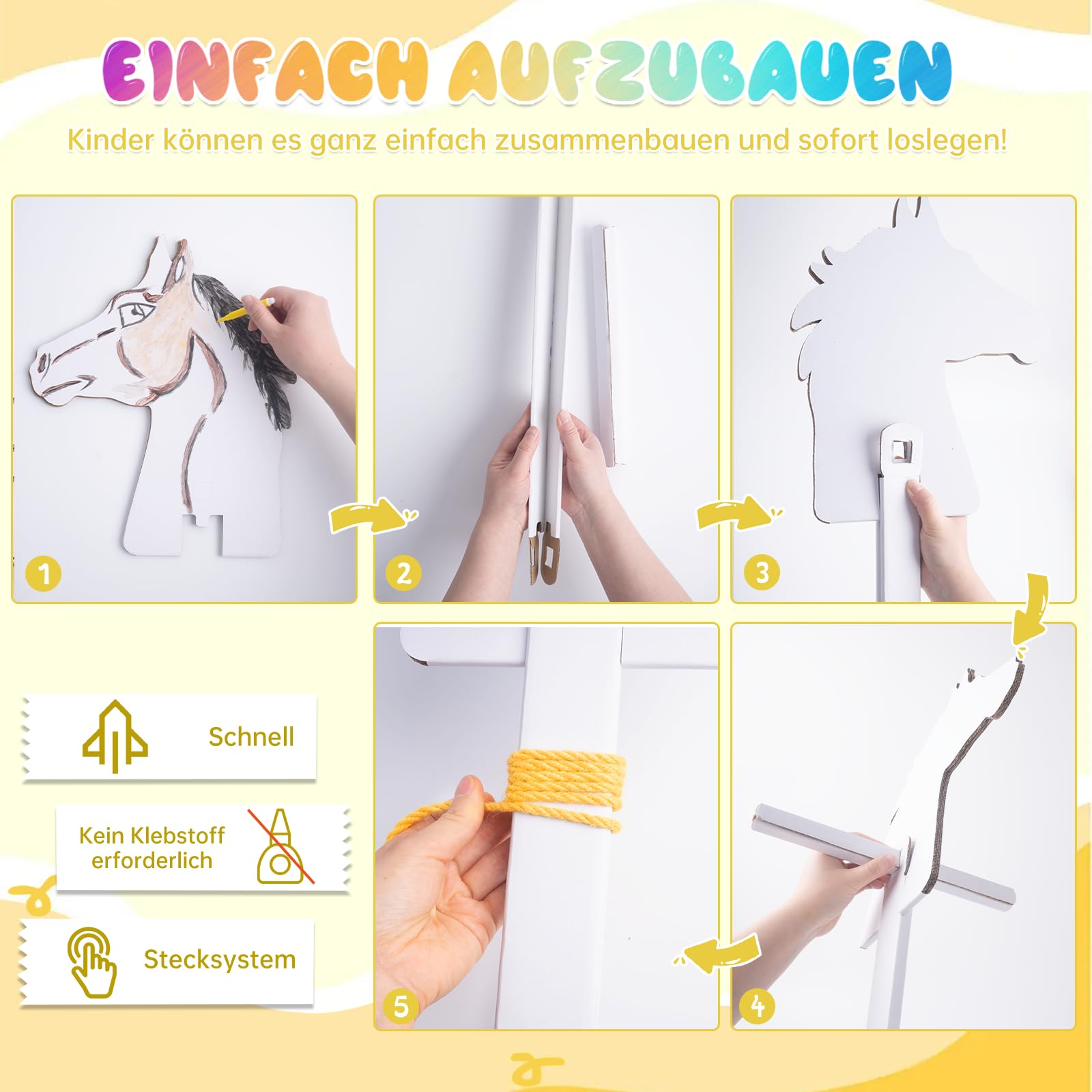 YYSWSAKY 5 Stück Steckenpferde aus Pappe | Pferde Bastelset zum Zusammenstecken | zum Bemalen und Bekleben | Steckenpferd Bastelset mit Halfter und Pinsel | DIY Handwerk für Jungen und Mädchen