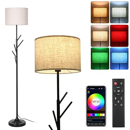 EXCLUZO Modern Floor Lamp with RGB+CCT LEDs Bulb Remote Controller Stang Tall Light with Clothes Rack BT Connected Phone App Control Foot Switch for Bedroom Living Room Study Room Office
