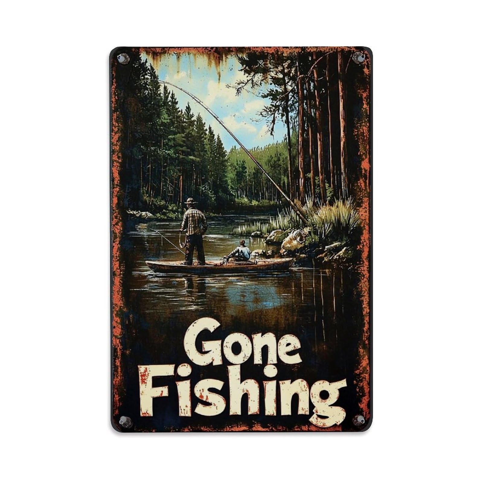 Fishing Boat Forest River Man Retro Metal Tin Sign, Vintage Decor Art Poster for Bar, Home, Man Cave, Kitchen, Laundry Room Gift 8x12Inch