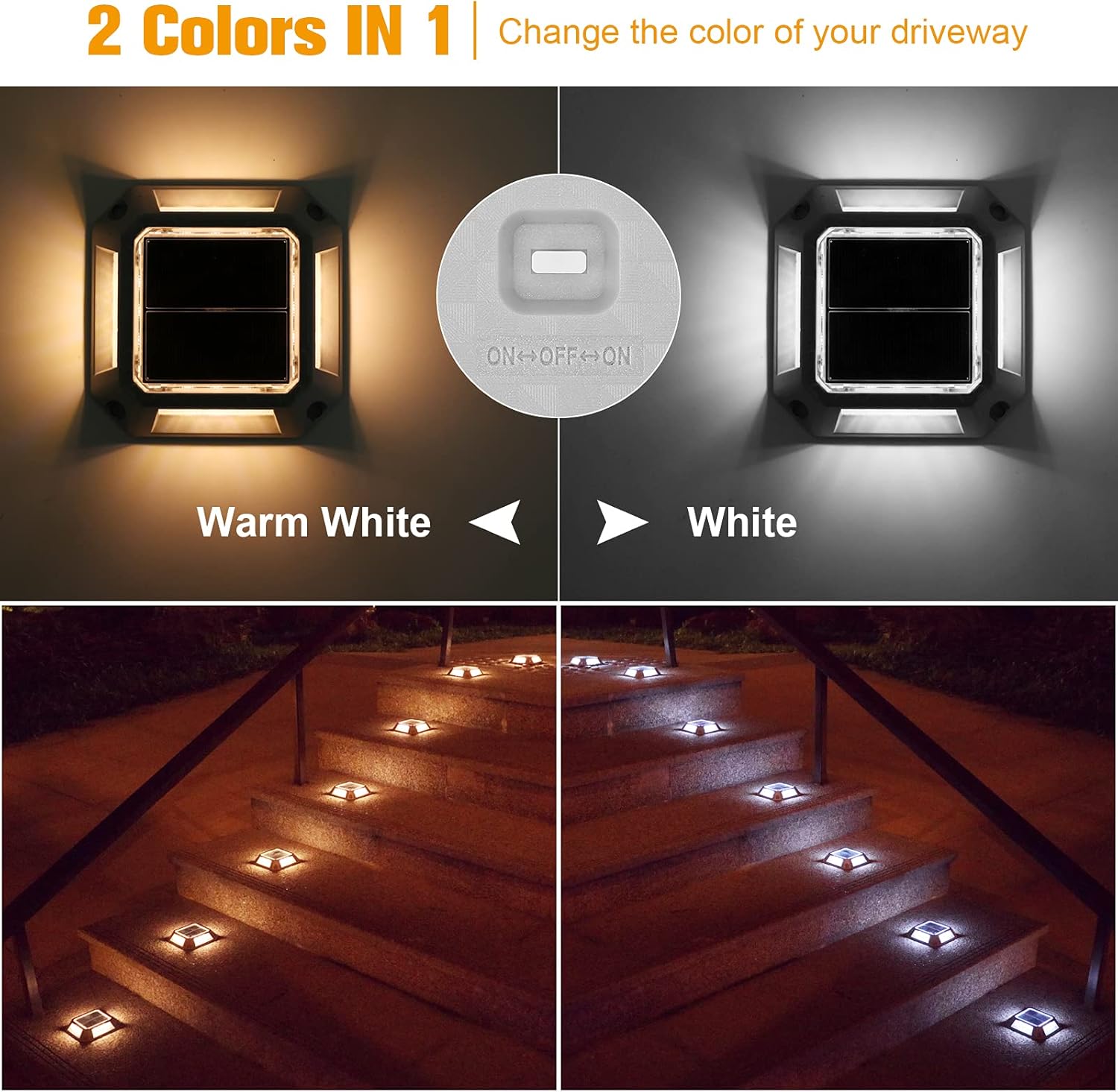 VOLISUN Solar Driveway Lights Dock Deck Light 8-Pack,2 Colors in 1,Wireless Solar Powered 1200mAh Battery,Waterproof Outdoor Warning Step Light for Driveway (2 Colors Lighting,White/Warm White) - - 