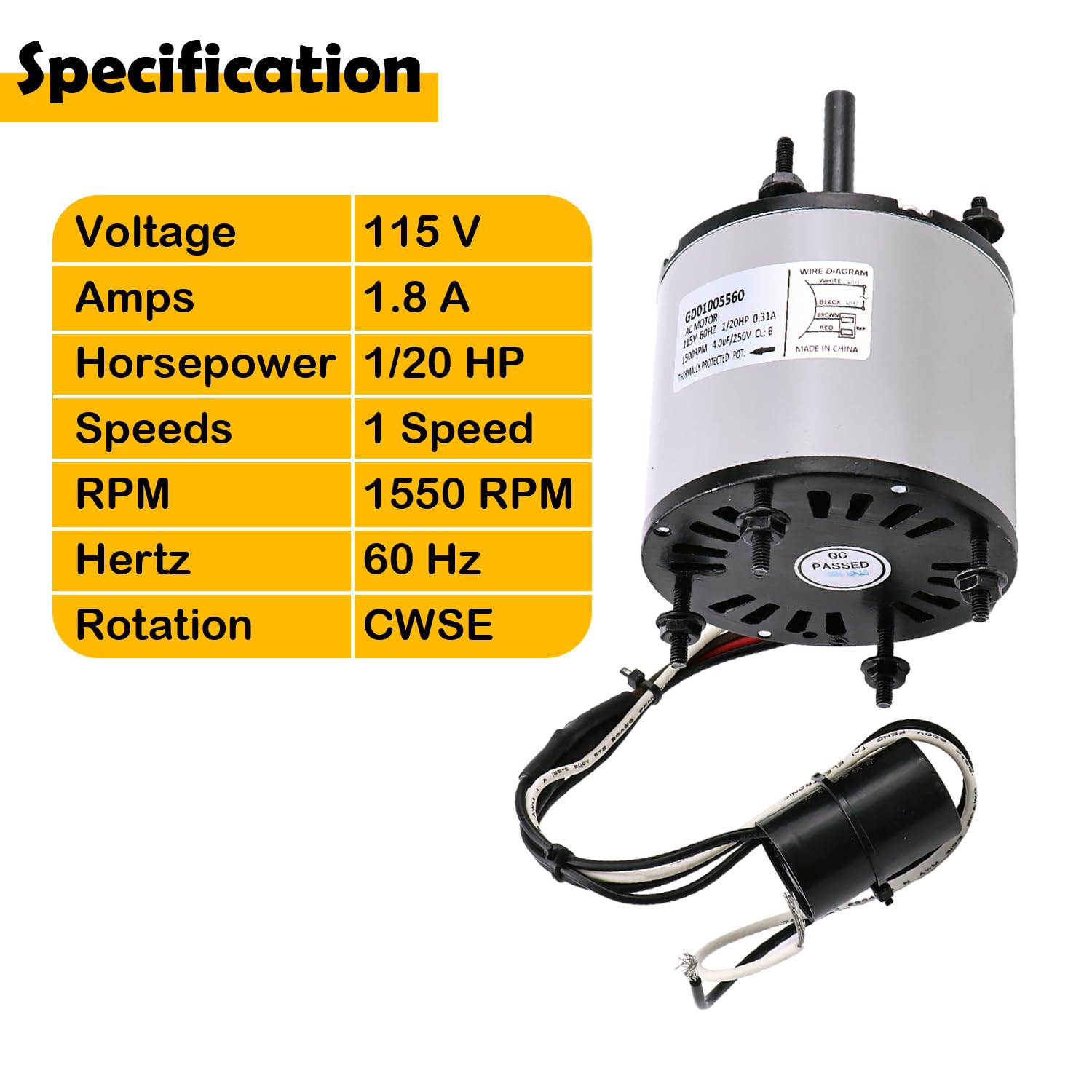 D132 3.3" General Purpose Motor Replacement Compatible with Fasco Motor 1/20HP, 115V, 1.8A, 1550RPM, 1Speed, 1.8A, CWSE Rotation, Sleeve Bearing