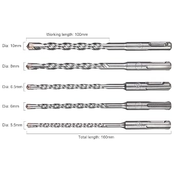 5.5-10mm SDS Plus Rotary Hammer Drill Bit Set, 5Pcs SDS Masonry Drill Bits