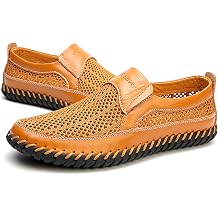 Mens Hollow Perforated Leather Loafers Slip On Round Toe Flat Heel Breathable Footwear for Summer Outdoor Beach Walking Travel Casual Daily Activities