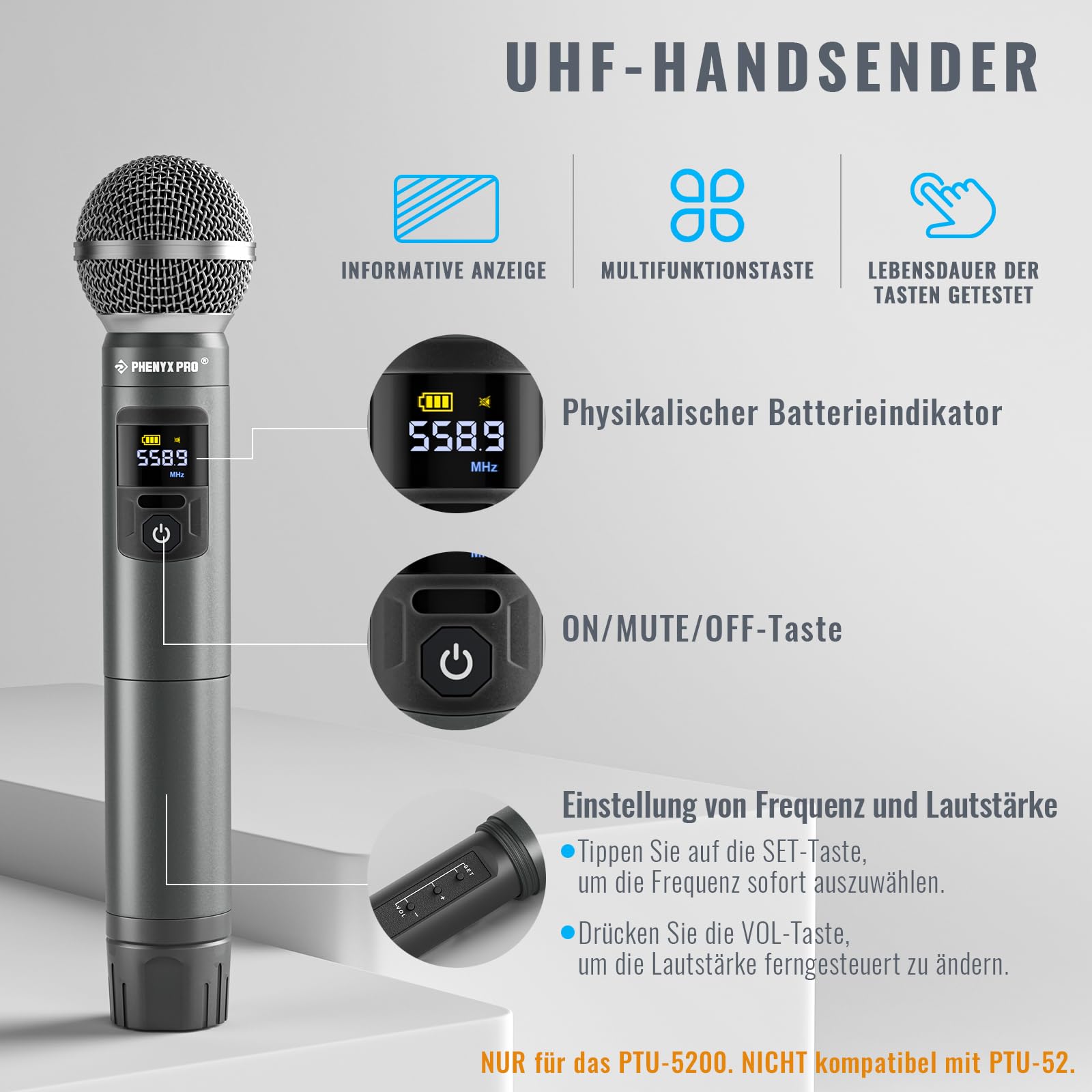 Phenyx Pro 4-Kanal UHF Funkmikrofon-System PTU-5200-4H | 4 kabellose Handmikros, 4 x 25 Frequenzen, 200 ft Reichweite, Gesang, Karaoke, Gottesdienste, DJ-Sets