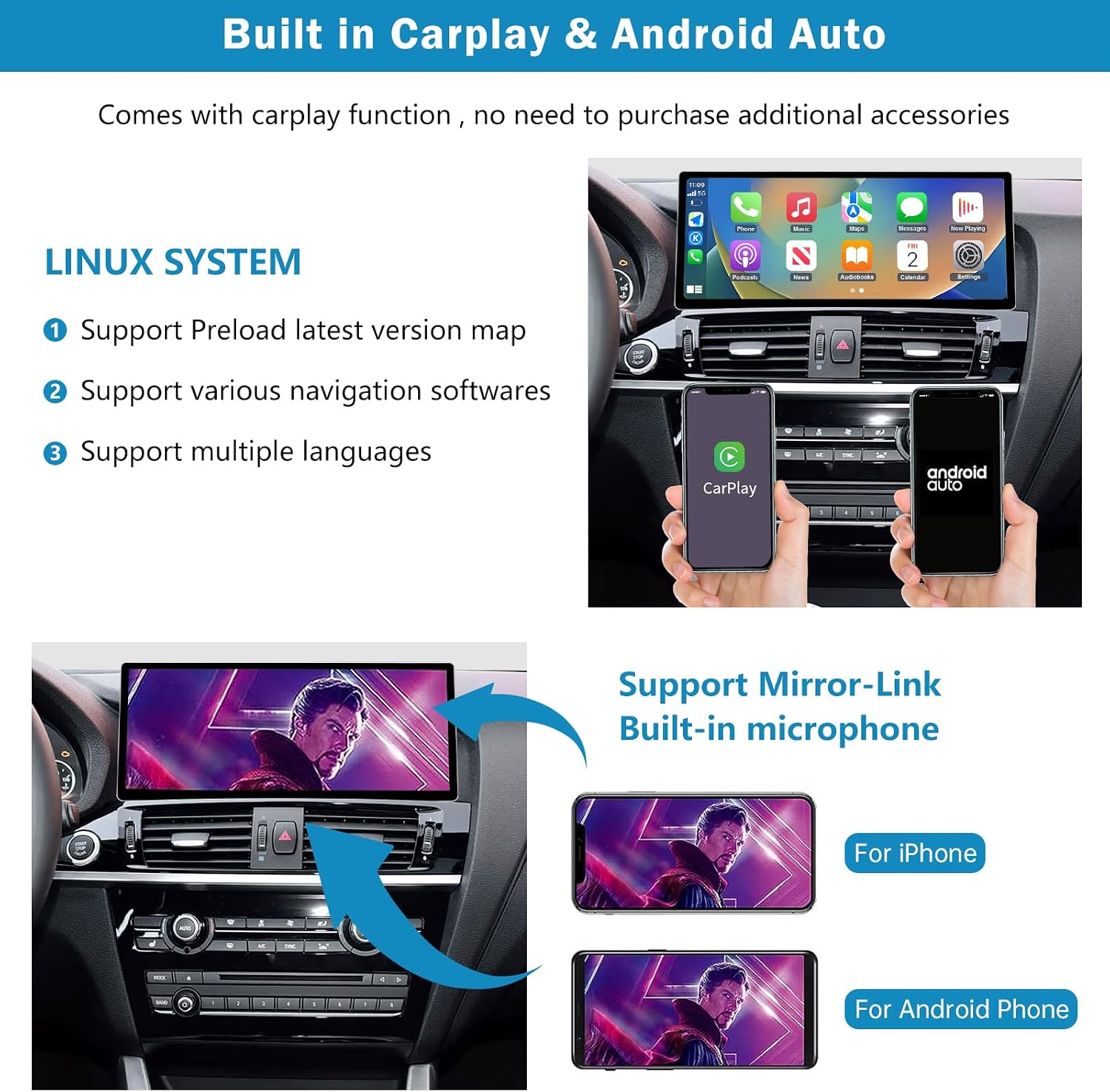 Image showing the built-in CarPlay and Android Auto features, with phones displaying their respective interfaces