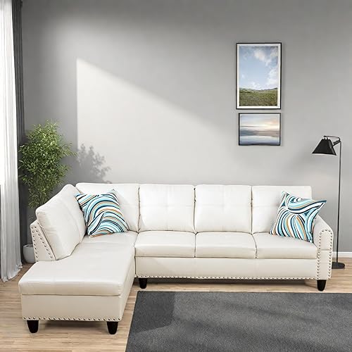 Miniatura 6 de FONTOI Sofá modular en forma de L, sofá modular moderno de 4 asientos con portavasos y ribete de cabeza de clavo, sofá en forma de L de piel gris